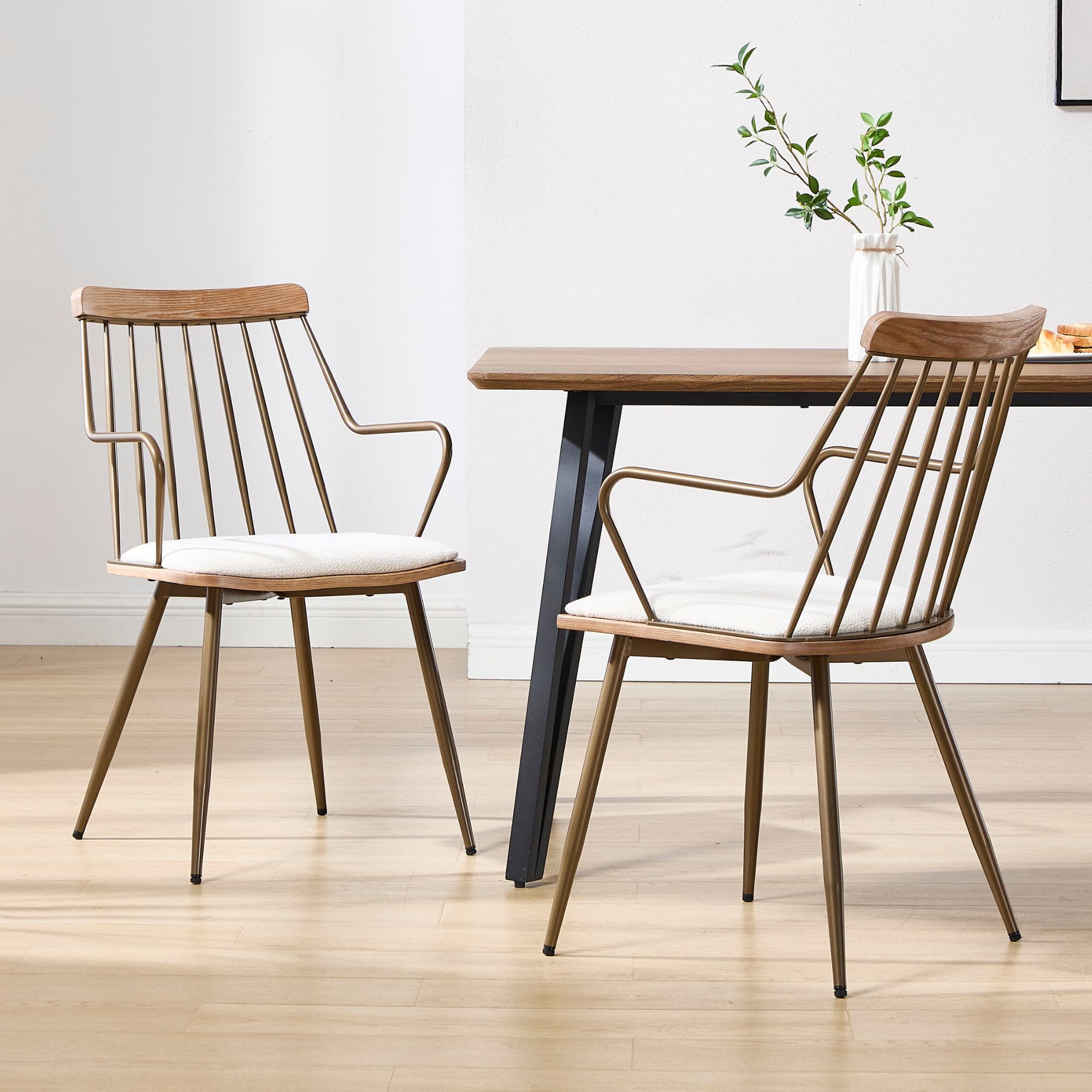 Wahson Metal Dining Chairs Set of 2, Mid-Century Modern Upholstered Beige Linen Kitchen Chairs with Antique Copper Spindle Back and Armrests for