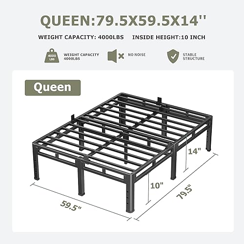 Miniatura 2 de Base de cama tamaño Queen NKZ de 14 pulgadas, marco de cama metálico y somier 2 en 1 con plataforma de patas redondeadas, marco reforzado de metal
