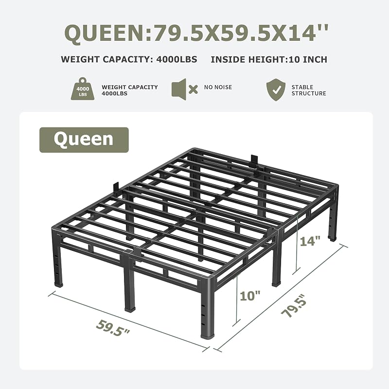 NKZ 2-in-1 Queen Size Metal Platform Bed Frame, 14 Inch Heavy Duty Bed Base image 2