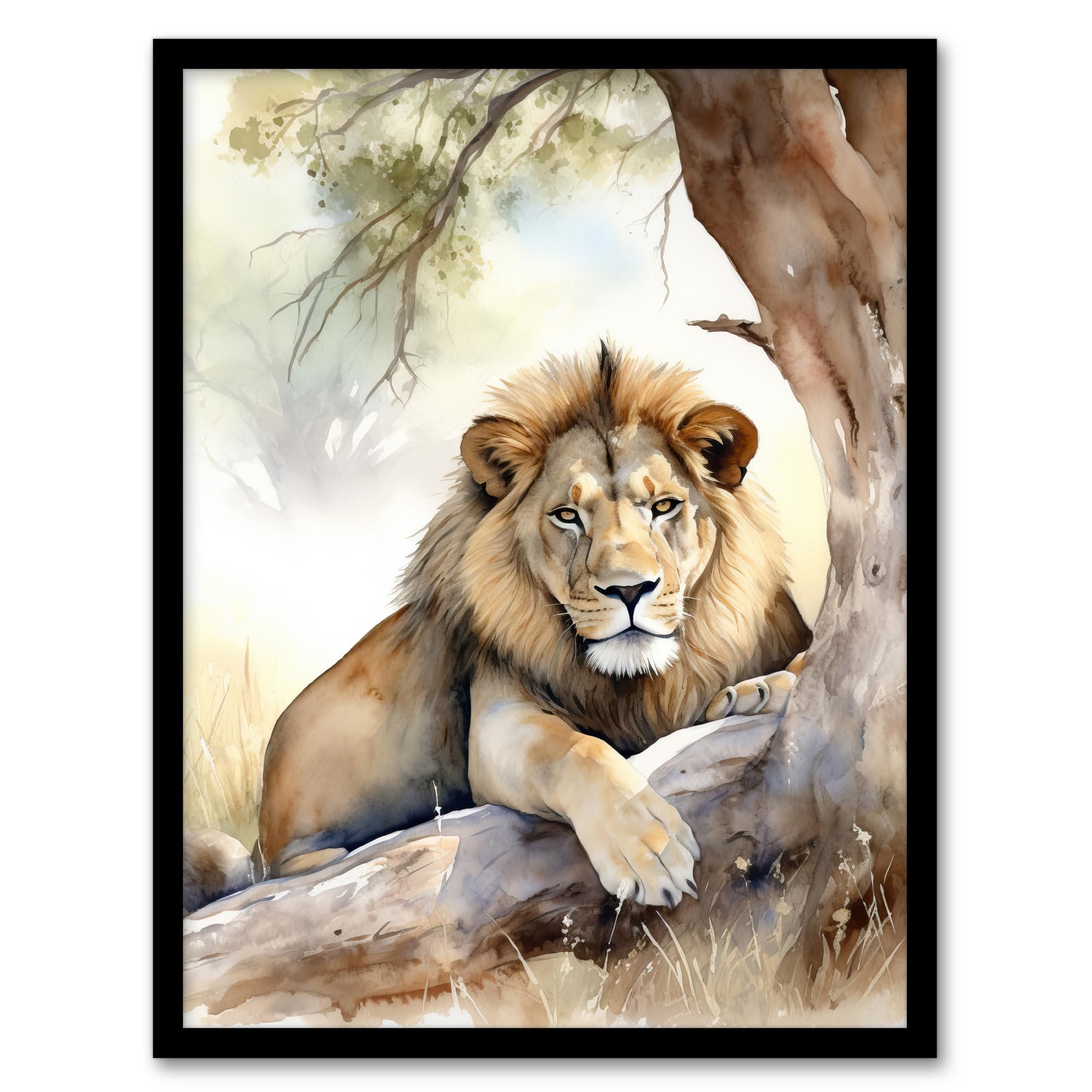 Artery8 Majestic Lion African Savannah Watercolour Africa Artwork Framed Wall Art Print A4