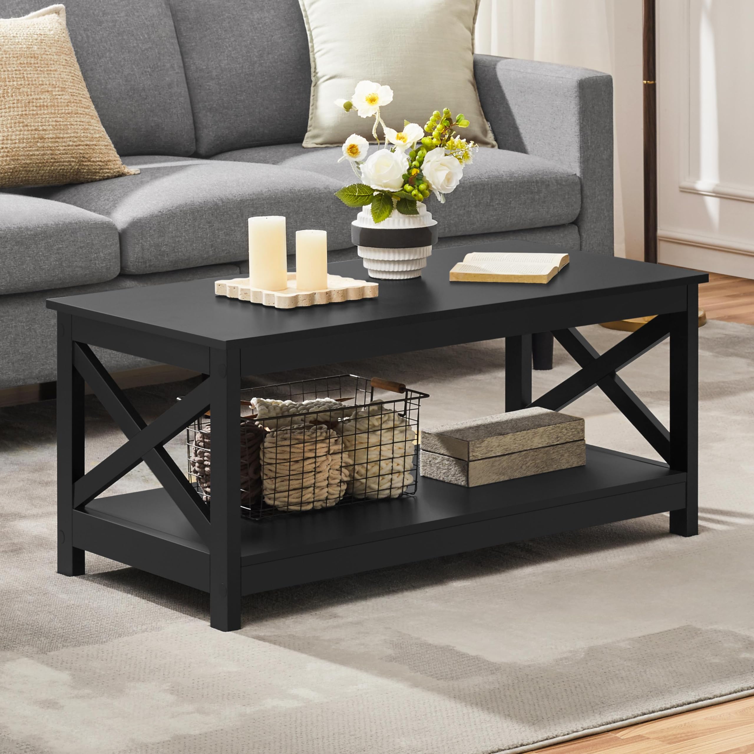 Yaheetech Wood 2-Tier Black Coffee Table with Storage Shelf for Living Room, X Design Accent Cocktail Table, Easy Assembly Home Furniture, 39.5 x 20 x 18 Inches