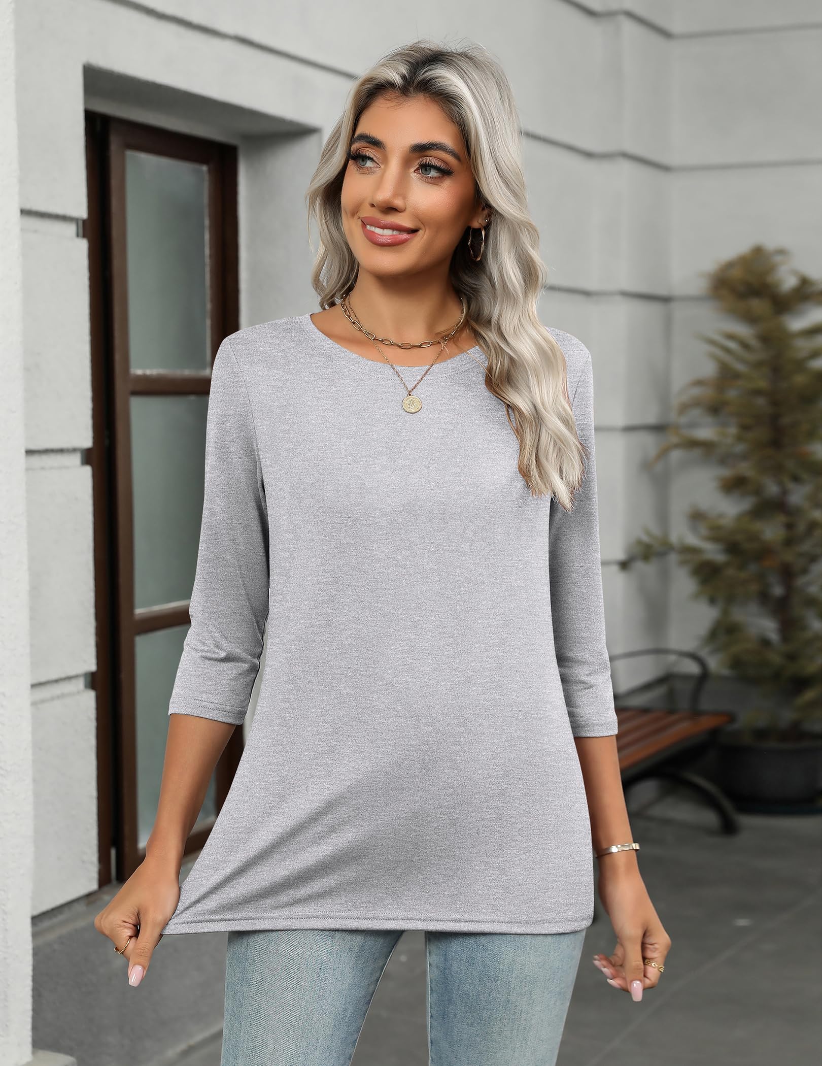 Zeagoo T-shirt décontracté à manches 3/4 pour femme - Col rond - Tunique mignonne - T-shirt basique - Chemisier d'affaires - T-shirt de travail