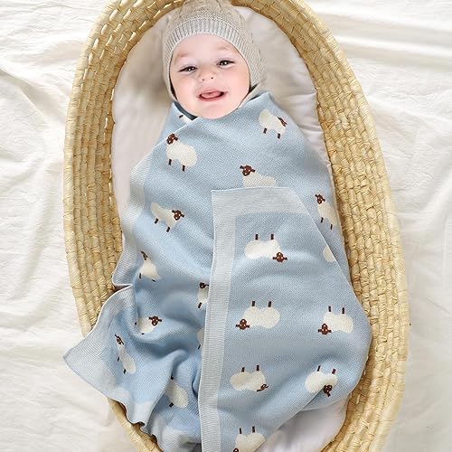 Miniatura 2 de mimixiong Manta de bebé tejida 100% algodón para niños y niñas con lindas ovejas tamaño 30 x 40 pulgadas, azul