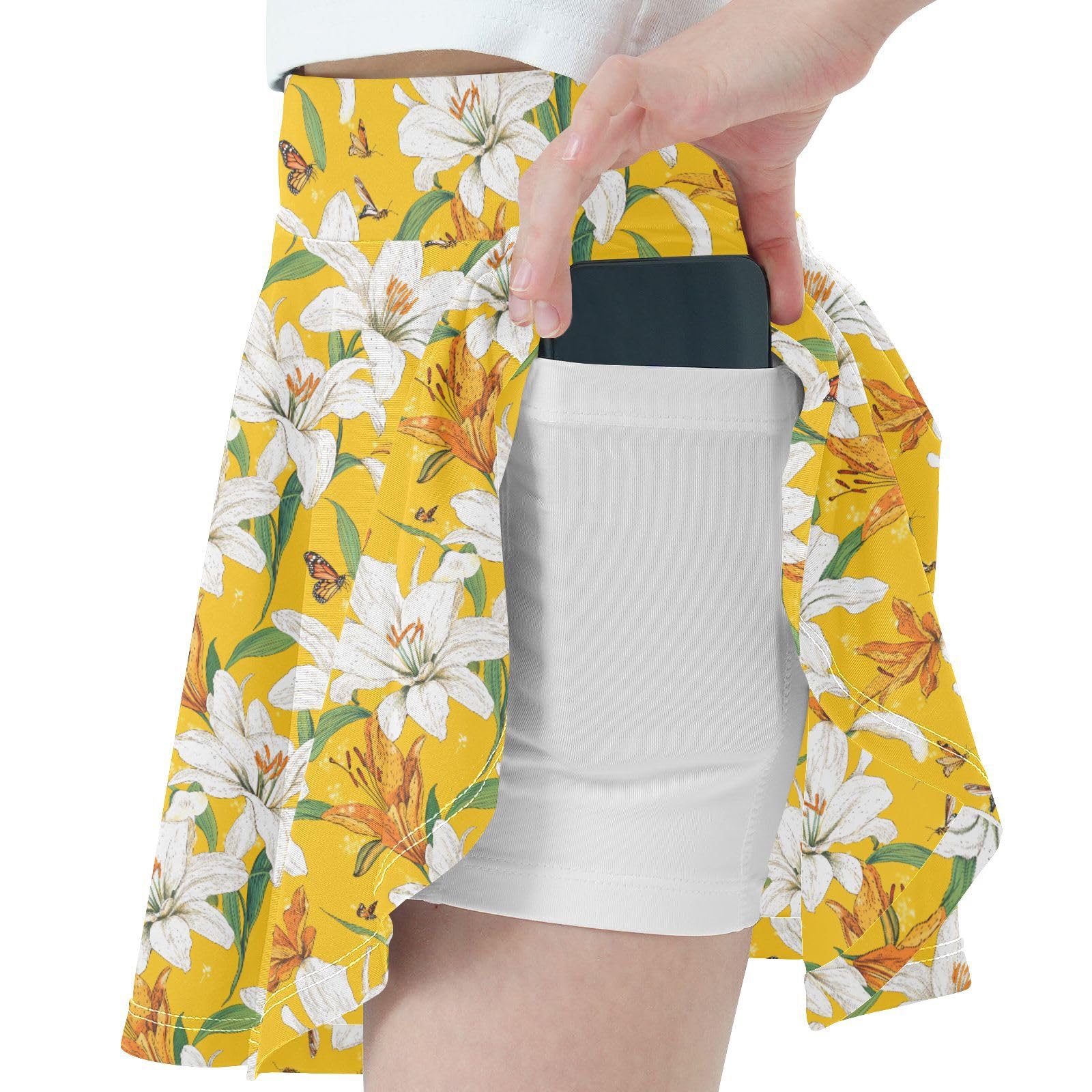 Retro Lily Yellow Flowy Girls Skorts with Shorts Cheer Skirt with Pockets Running Skirt for Little Girl