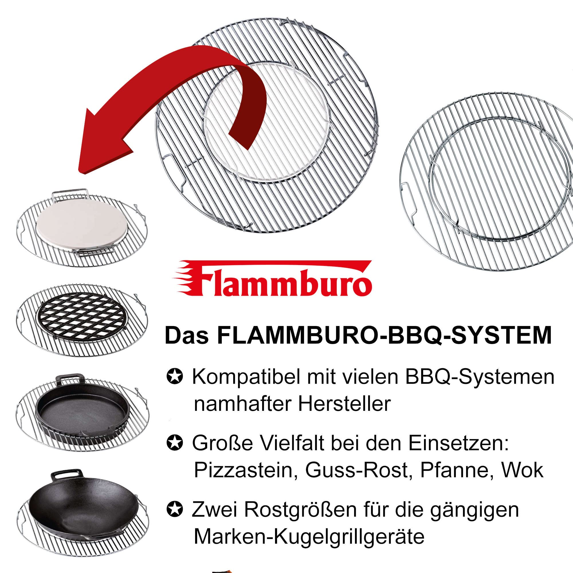 FLAMMBURO BBQ SYSTEM Wok Ø 36 cm – Ghisa con rivestimento smaltato in porcellana – Per verdure e carne – Diametro 36 cm – Compatibile con sistemi di barbecue standard di mercato di noti produttori