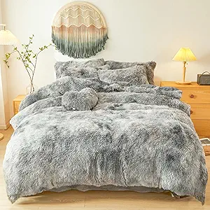 Plush Fluffy Tie Dye Dark Gray Comforter Cover Queen Set – Faux Fur Plush Tie Dye Dark Gray Bedding 3-Piece Set (1 Duvet Cover + 2 Furry Pillow Shams) Cozy Bed Set