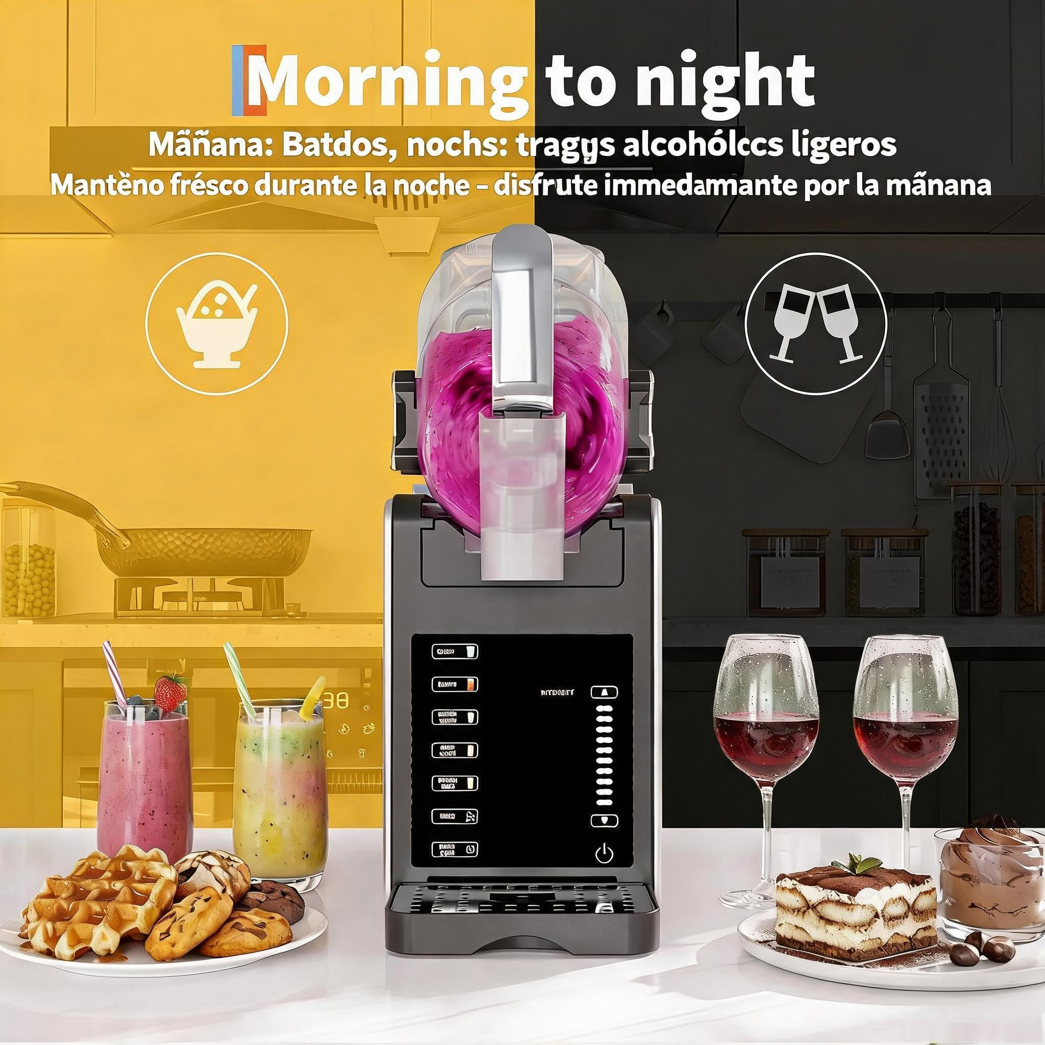 Máquina de granizados 1,9L - 5 programas automáticos - Pantalla LED - 200W, 120V/60Hz - Autolimpieza y bandeja de goteo 400ml - Funcionamiento silencioso (<45dB) - Mantiene bebidas frías hasta