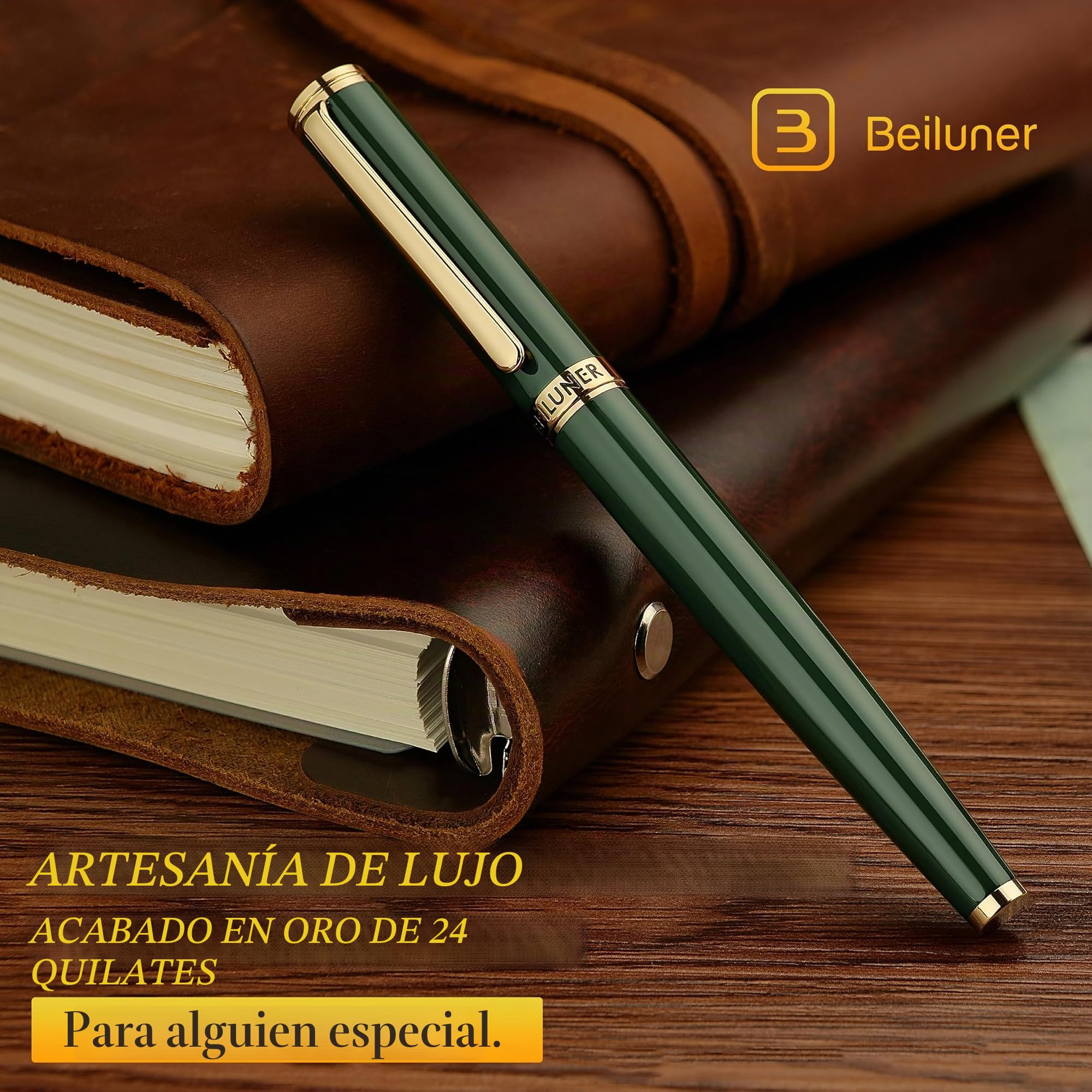 BEILUNER Bolígrafo Roller de Lujo, Detalles Dorados 24K, Diseños Nobles y Elegantes, Recambio Schneider, Mejor Set de Regalo para Hombre y Mujer, Profesional, Oficina Ejecutiva - Verde y Oro