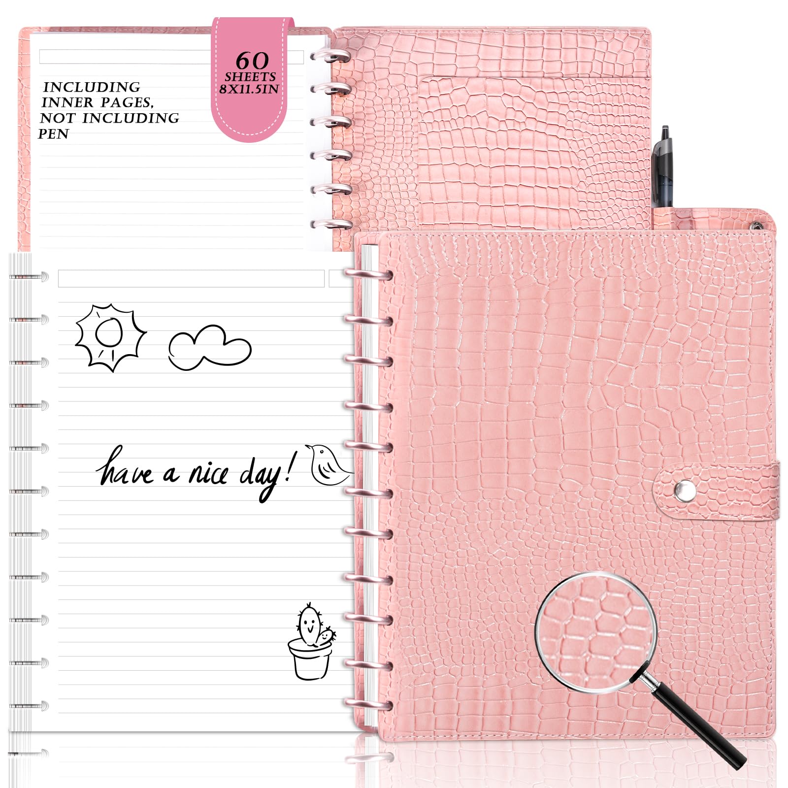 SKLENICE Cuaderno encuadernado en disco de piel de 8.5 x 11 pulgadas de ancho, 60 hojas, cuaderno encuadernado en disco y juego de discos, cuaderno personalizable con espiral