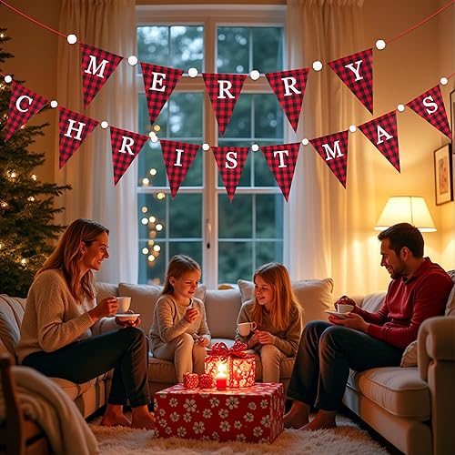 Miniatura 8 de G2PLUS Cartel de arpillera de Feliz Navidad, pancarta a cuadros de búfalo rojo y negro de 19.6 pies, guirnalda de banderines triangulares