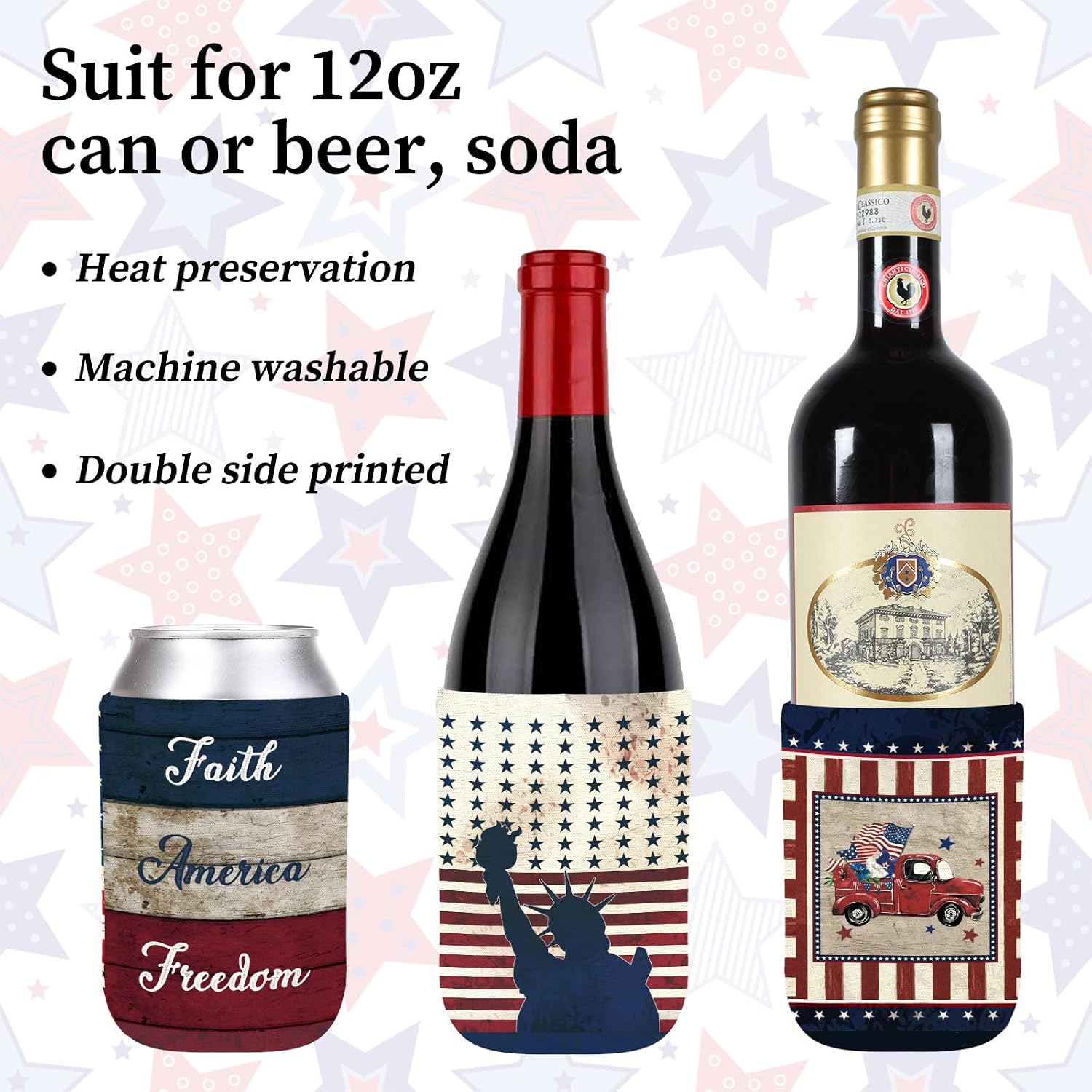 Whaline 12Pcs Patriotic Can Sleeves 4th of July Can Covers Insulators Retro USA Flag Stars Stripes Print Neoprene Thermocoolers for 250th Anniversary Independence Day Party Supplies, 6 Design