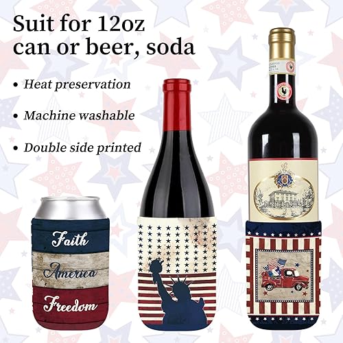 Miniatura 3 de Whaline 12 fundas patrióticas para latas del 4 de julio, aislantes, retro, bandera de Estados Unidos, estrellas, rayas, termoenfriadores de neopreno