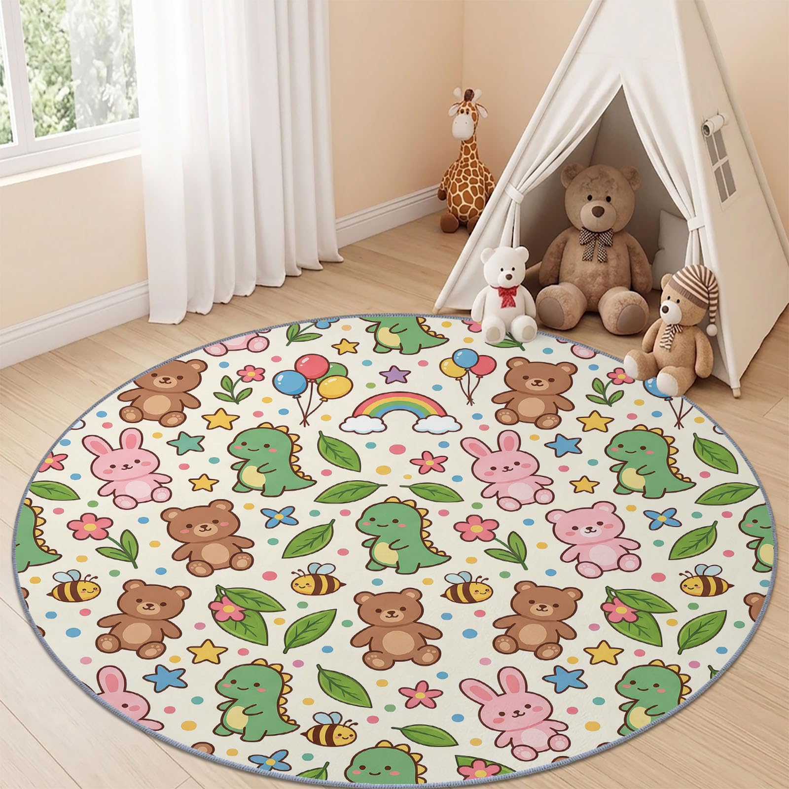 Tapis Rond Vert 160 cm, Cartoon Dinosaure Salon Doux Poil Ras Tapis