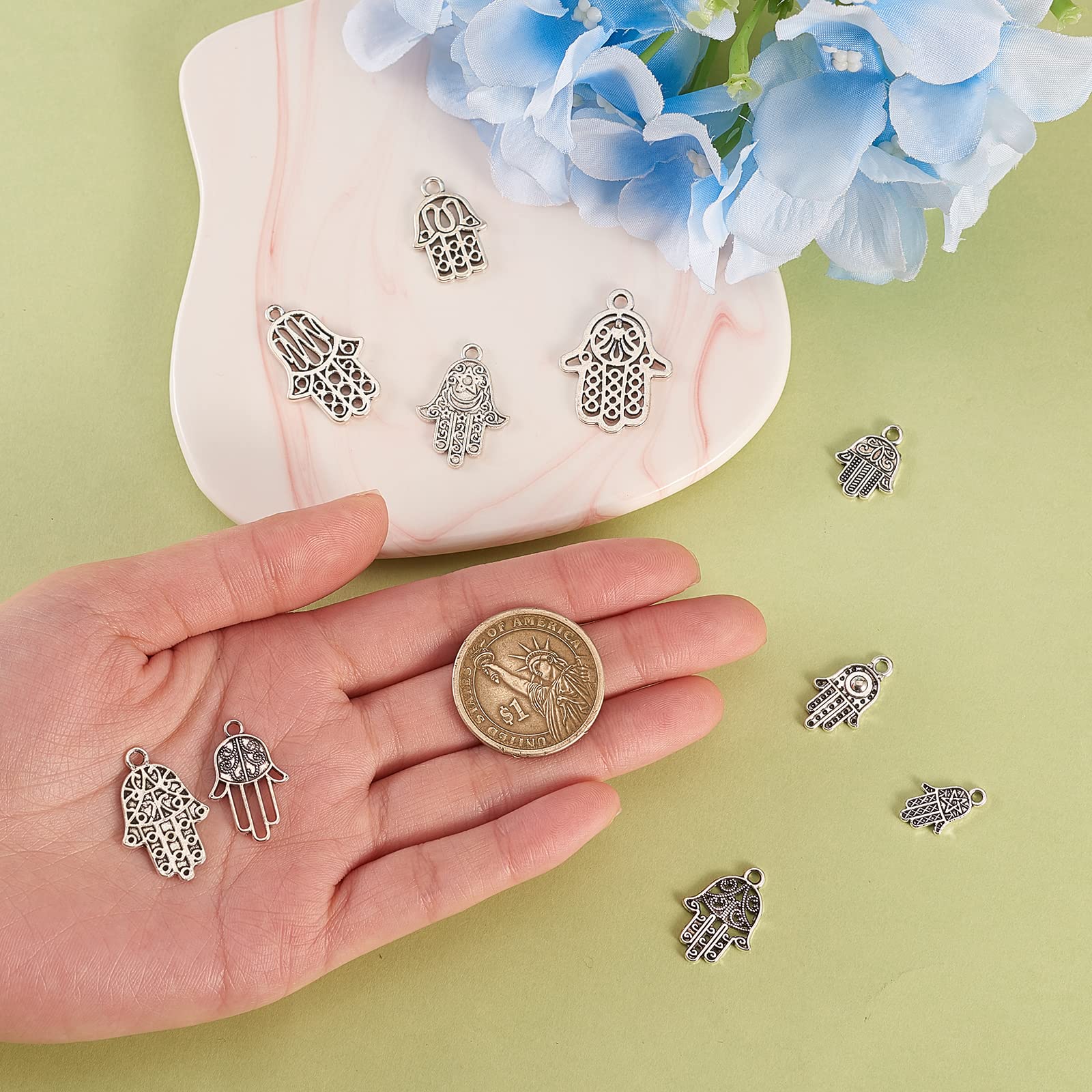 Airssory 100 Pcs 10 Styles Vintage Hamsa Hand Tiny Charms Hand of Miriam Pendant Collection Bulk for Jewellery Making DIY Crafts - Image 4