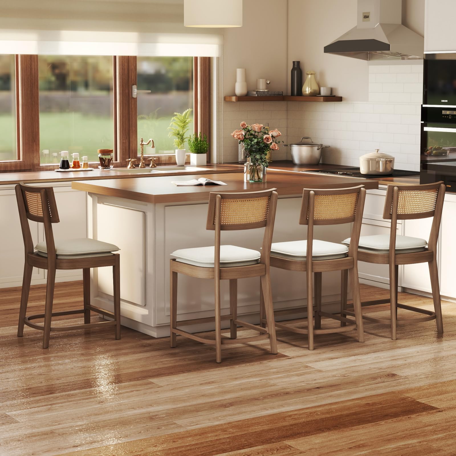 QUINJAY 26" Counter Height Bar Stools Set of 4, Modern Rattan Counter Stools with Linen Upholstered, Vintage Dining Bar Chairs with Cane Back Wooden