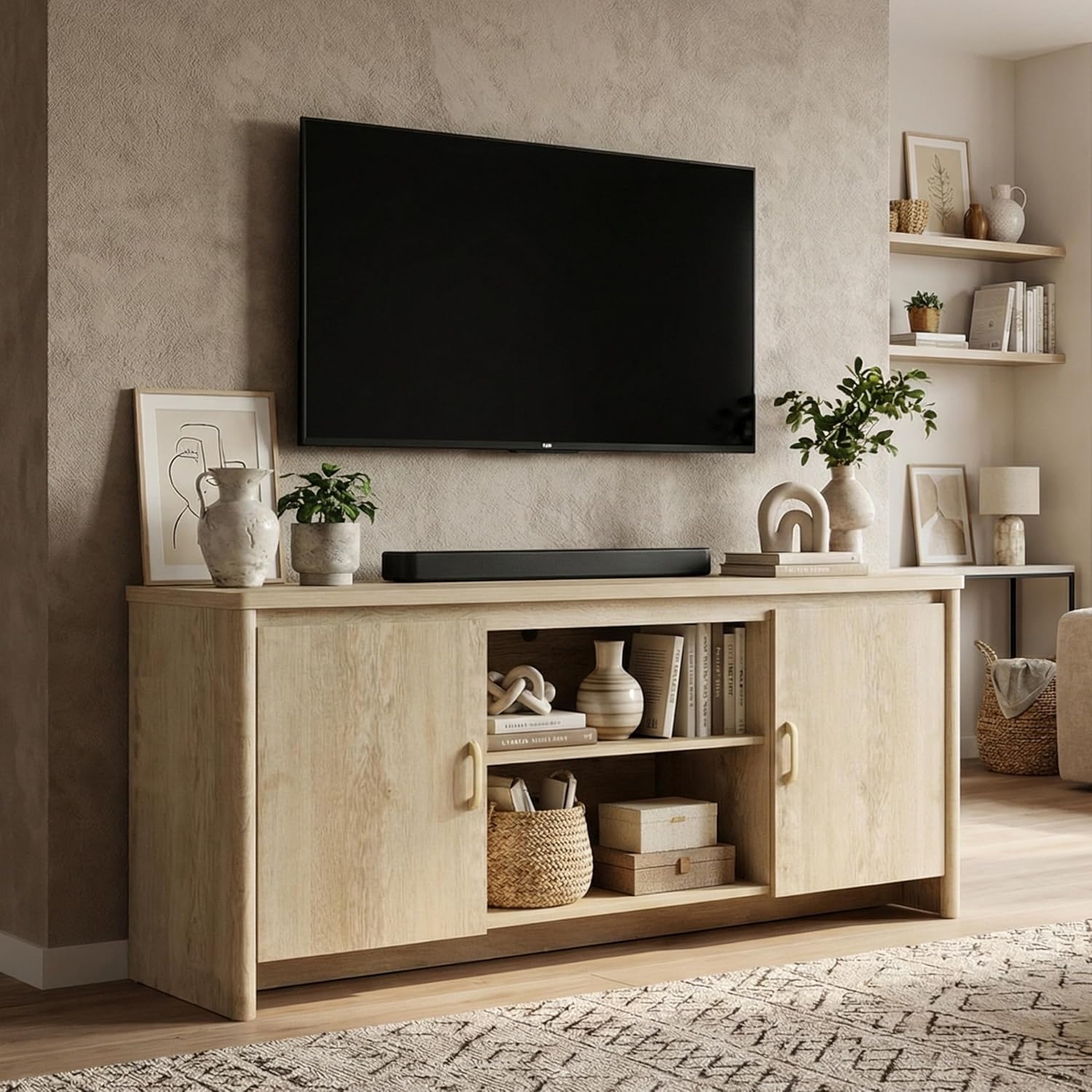 ELISA HOME Georgia TV Stand for 65 Inch TV, Modern Entertainment Center with Storage Cabinets and Open Shelves, Wooden Media Console Table for Living Room, Bedroom, Small Spaces, Light Oak