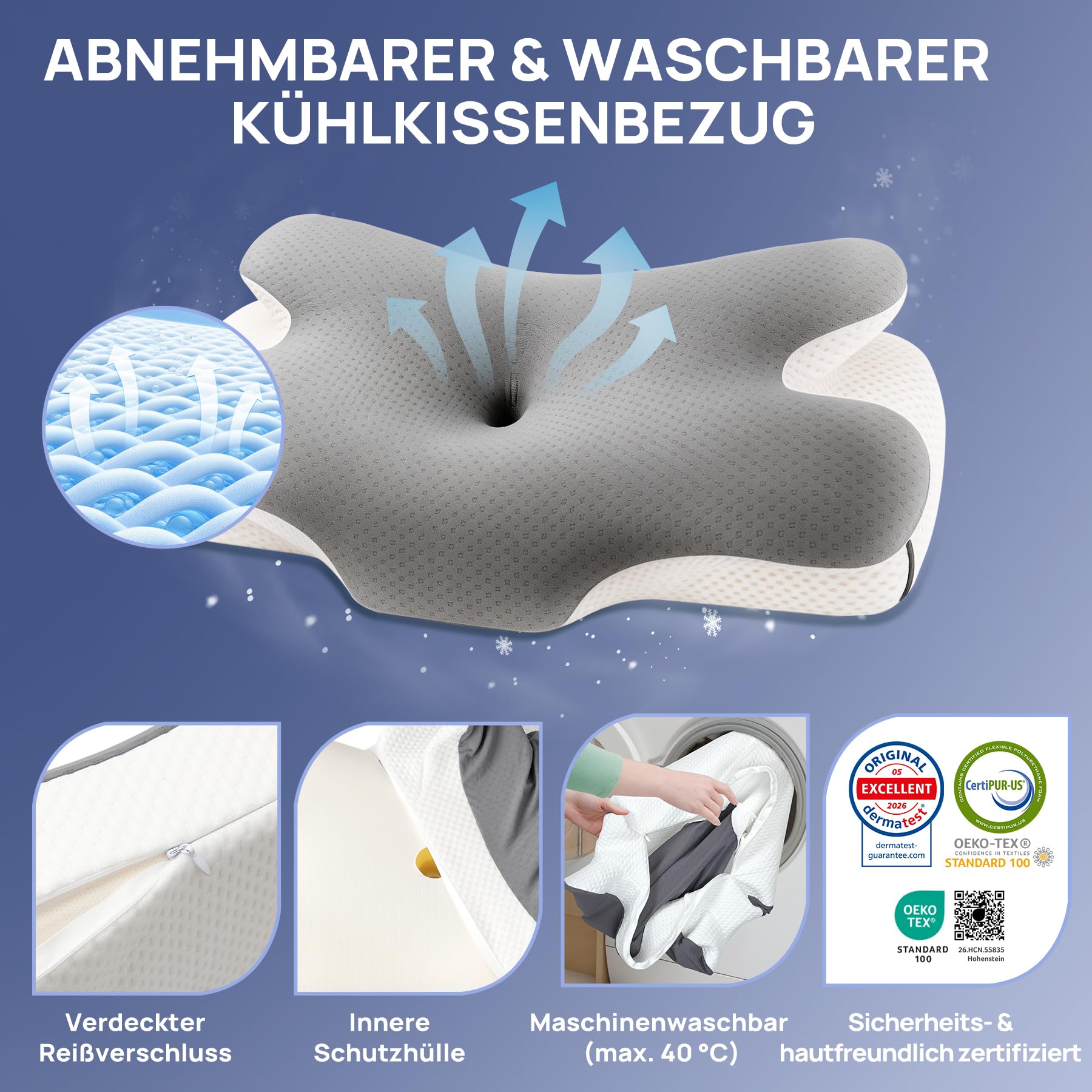 MULISOFT Nackenkissen Memory Foam Schmetterlingskissen Ergonomisches Kissen | Seitenschläferkissen, Nackenstützkissen, 2 Höhen Kopfkissen (10 / 12 cm) für Seiten-, Rücken- und Bauchschläfer, P-105 Grau