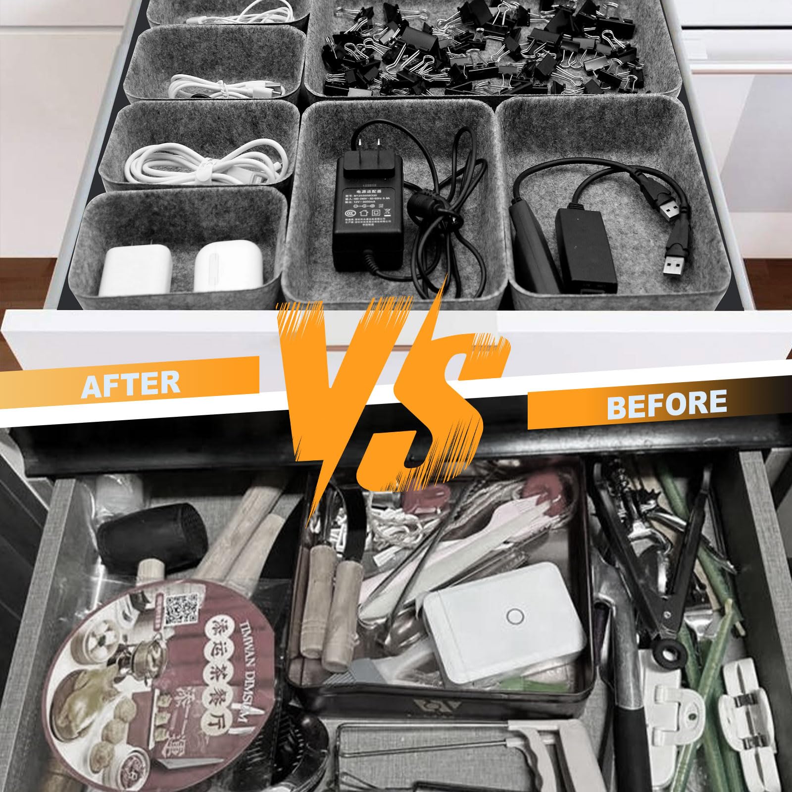 Organizer Per Cassetti In Feltro | Set Di 8 Divisori | Per Scrivania, Cosmetici E Ufficio | Grigio Chiaro - Foto 11