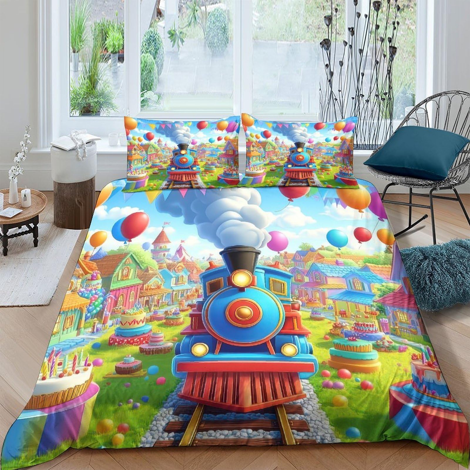 Ctjqhvkz Style-4 3D Printed Colorful Train Carnival Fitted Sheet Microfiber Soft Bedroom Decor Balloon Festival Mattress Cover Single（135X200cm）