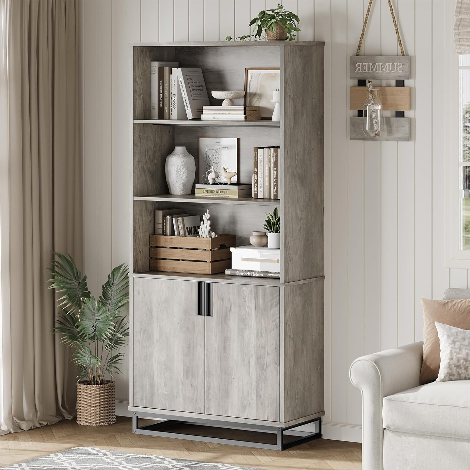 IDEALHOUSE 71" Tall 5-Tier Farmhouse Bookcase with Doors, Storage Cabinet & Adjustable Shelves, Floor Standing Display Shelf for Living Room, Bedroom, Home Office, Grey