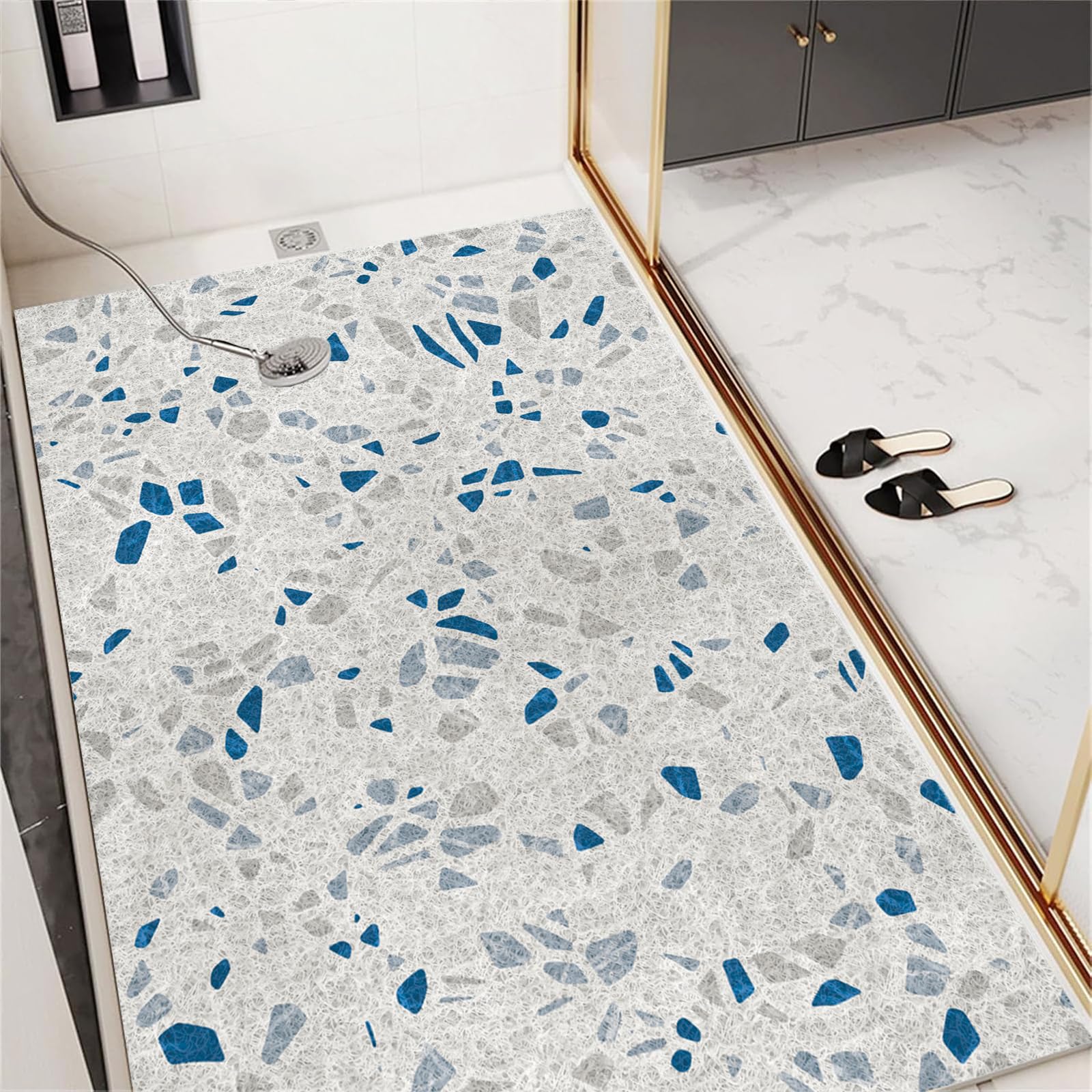 Alfombrilla de baño antideslizante de 50 x 100 cm, de PVC suave, lavable y de secado rápido para superficies húmedas, color azul y gris