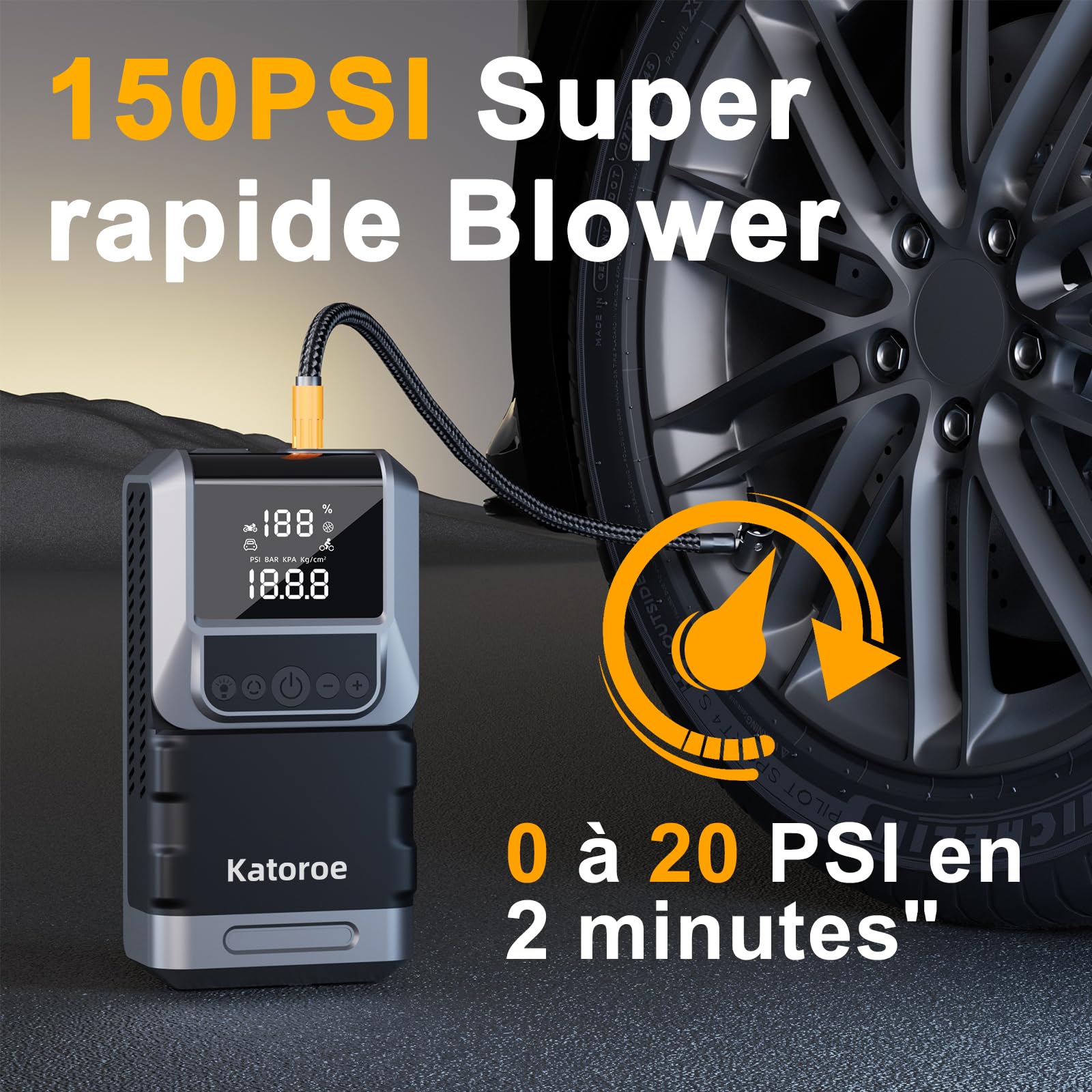 Booster Batterie avec Compresseur, 6000A Démarreur Batterie Voiture, 150PSI Gonfleur de Pneus, 12V Jump Starter, 10L Gaz ou 10L Diesel, Écran LED, Eclairage de Secours