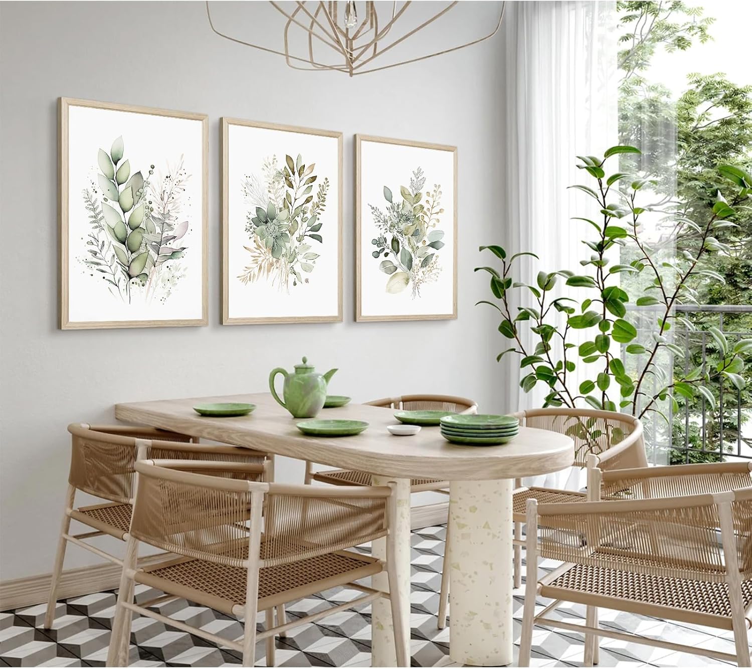 Watercolor Botanical Wall Art Set of 3 Boho Floral Canvas Wall Decor Prints Sage Green Wildflower Wall Art Modern Flower Pictures Botanical Painting for Bedroom Bathroom 16x24 Inch Wood Framed