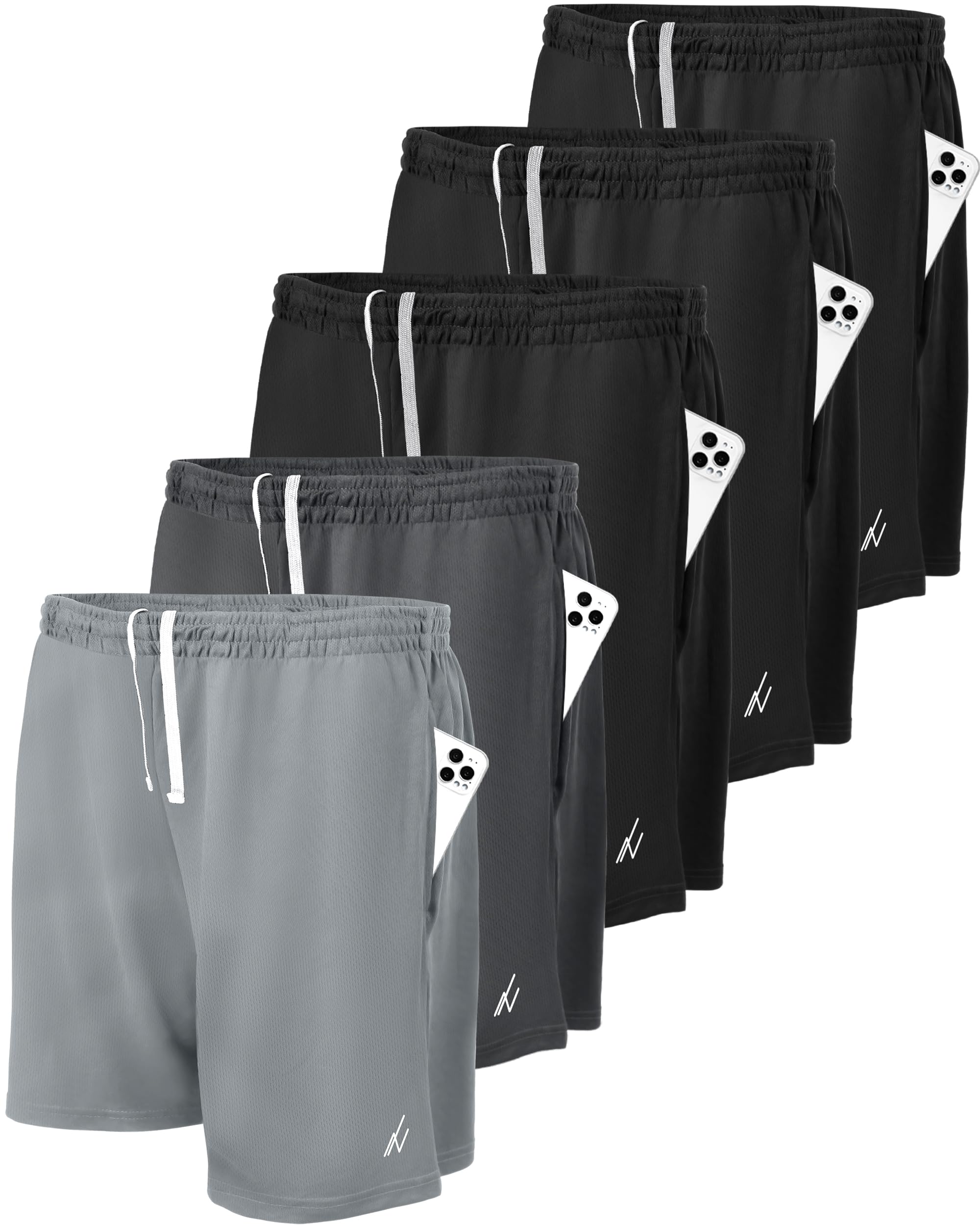 NY Threads 5 Pack Men's Athletic Shorts Quick Dry Loose-Fit Lightweight Running Workout Gym Shorts with Pockets, 3X-Large, Black/Black/Black/Dark Grey/Medium Grey