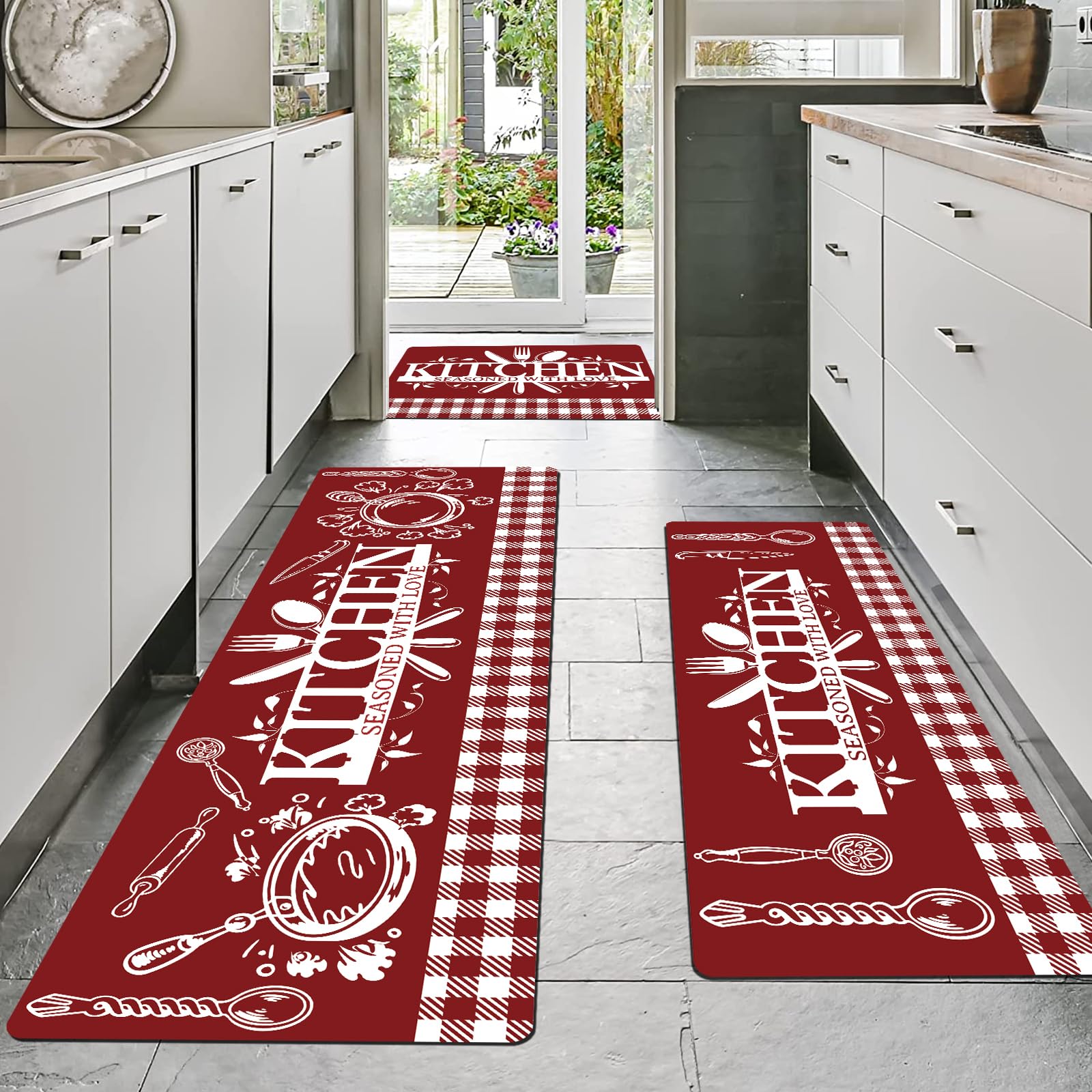 XLHOMO Red Kitchen Mats for Floor, 3 Pieces Non Slip Cushioned Kitchen Runner Rugs with Grid Design, Waterproof Comfort Mat Farmhouse Chef Runners