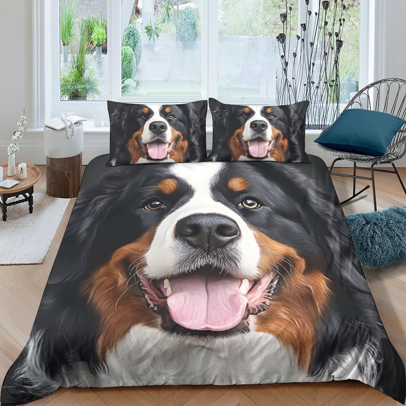 Ctjqhvkz Style-1 3D Printed Bernese Mountain Dog Fitted Sheet Microfiber Soft Black White Dog Face Bed Cover For Bedroom Guestroom Decor Single（135X200cm）