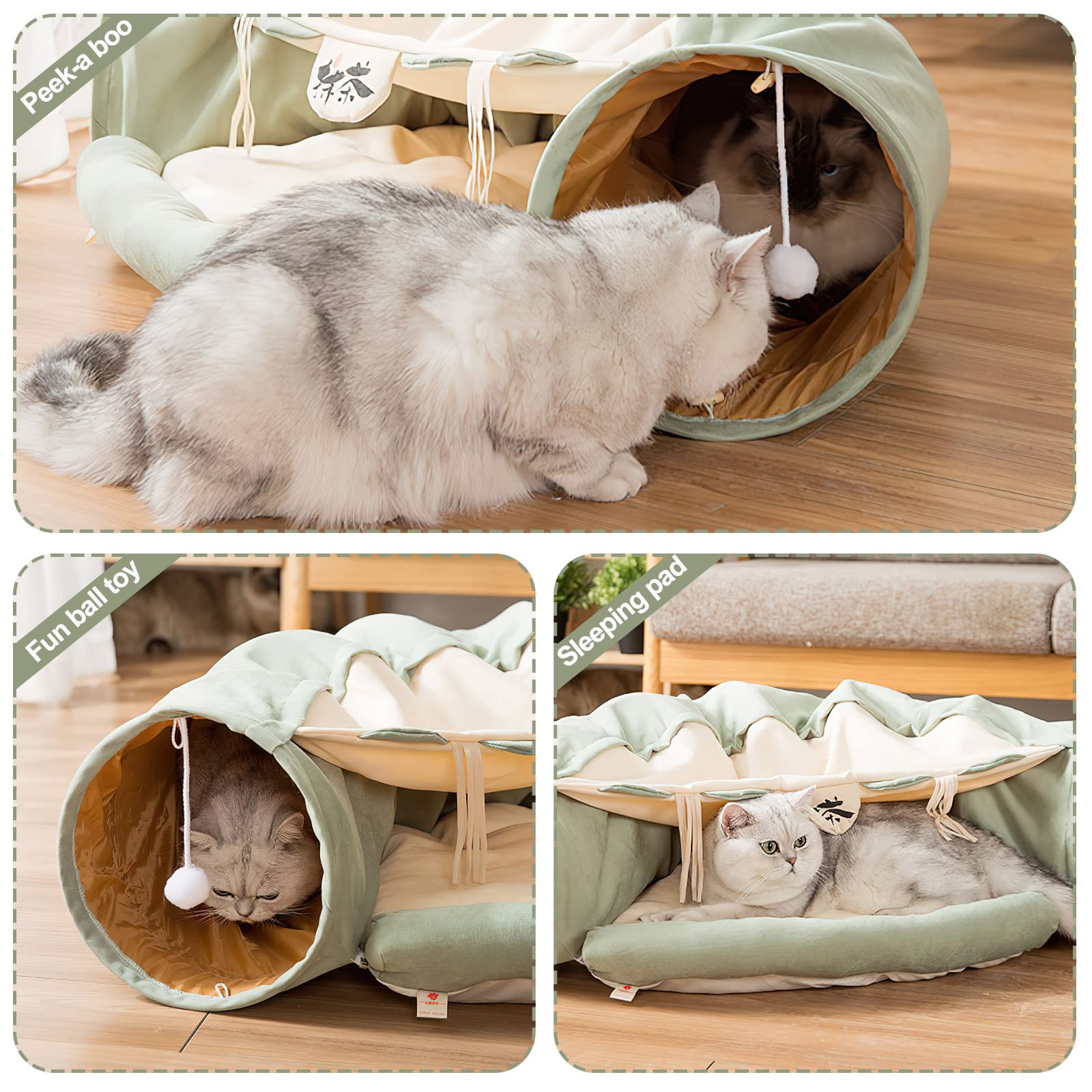 Galatée Katzenbett, Katzentunnel Mit Kissenmatte, Haustierhöhlenbett Mit 2 Hängenden Kratzbällen, Weiches Und Gemütliches Katzentunnelbett, Katzentunnel Für Indoor-Katzen(Hellgrün)
