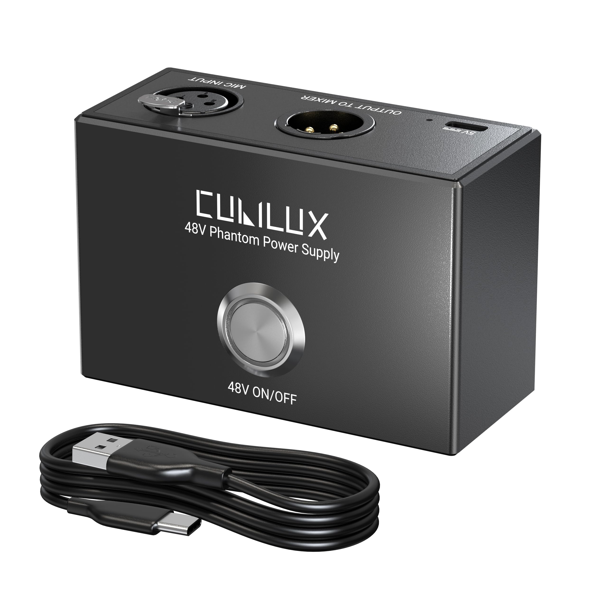 Cubilux MPX-1 Alimentation fantôme 48 V avec câble USB C - Alimentation portable en aluminium avec entrée et sortie XLR et fixation Arri 1/4" pour microphones à condensateur