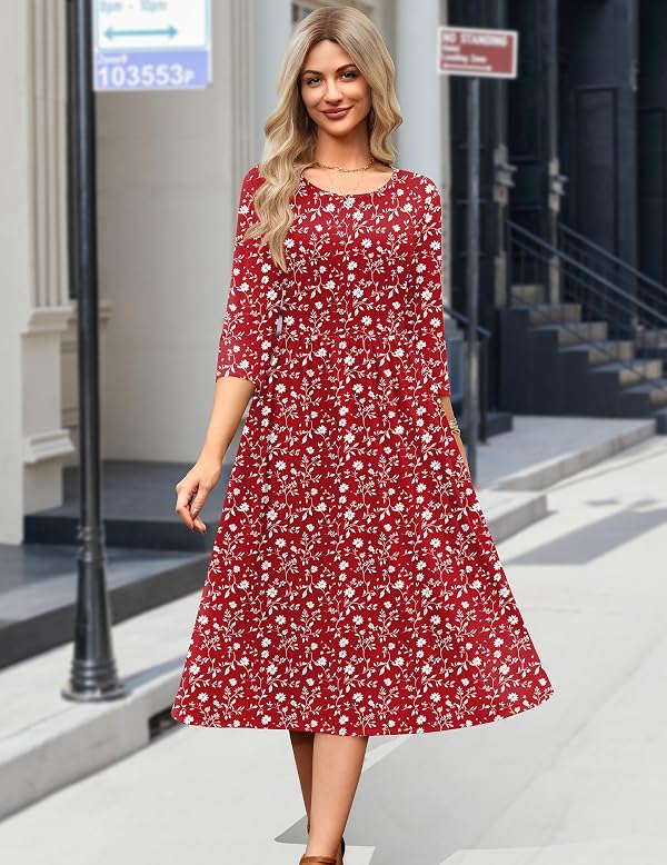Zeagoo 3/4 Sleeve Round Neck Loose Red Floral Midi Sundress with Pockets by Zeagoo - Used condition - Image 7