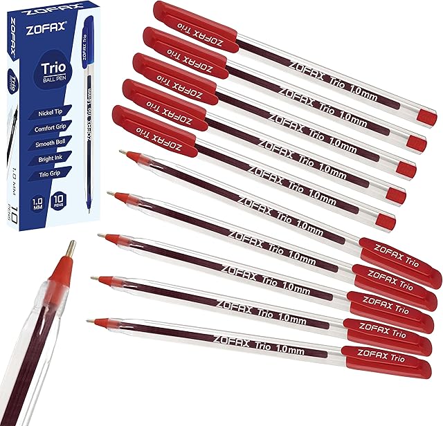 ZOFAX Trio Ballpoint Pens, RED, 1.0mm Medium Point, Pack of 10, Triangular Comfort Grip, Smooth Writing, Office School Home Value Biros Ball Pens