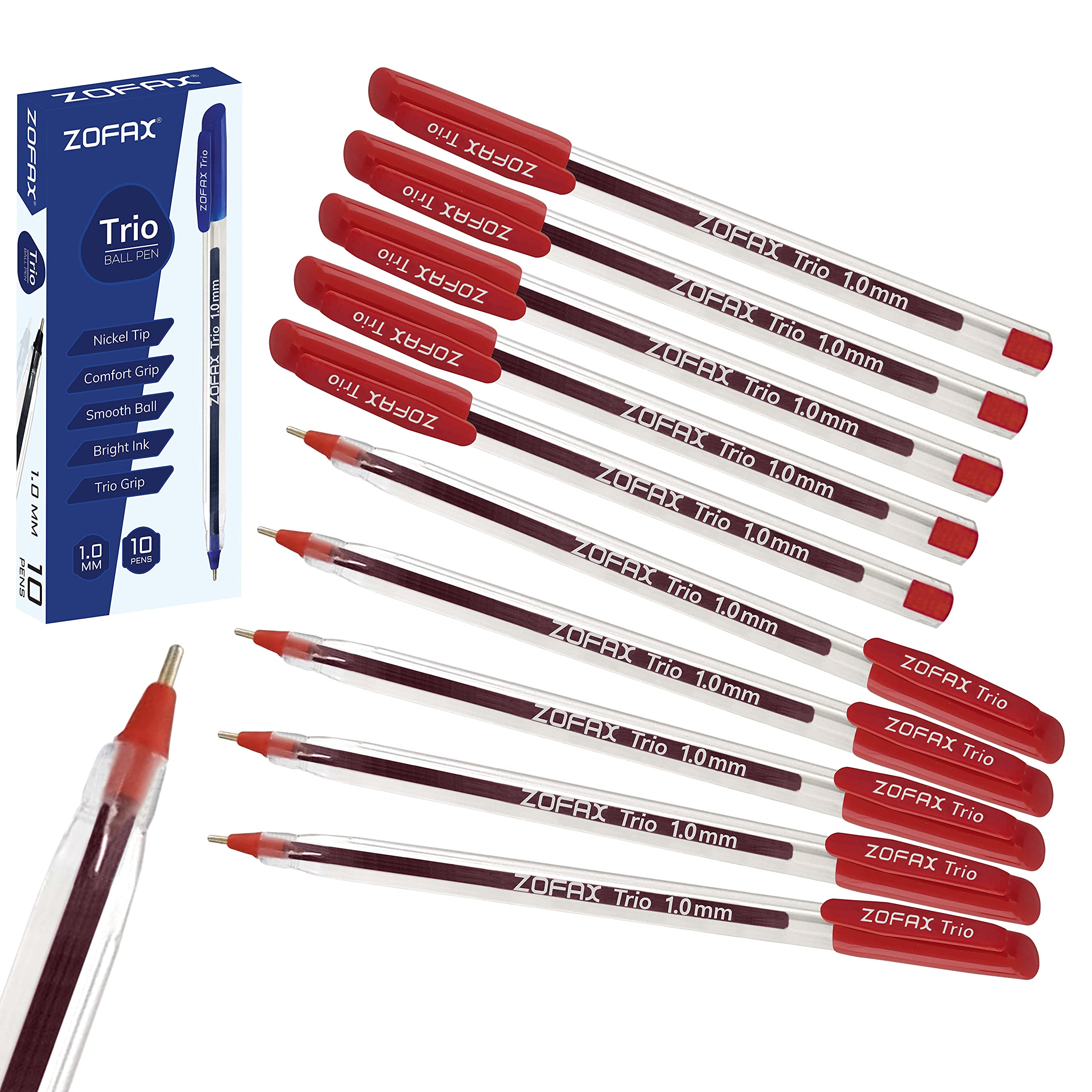 ZOFAX Trio Ballpoint Pens, RED, 1.0mm Medium Point, Pack of 10, Triangular Comfort Grip, Smooth Writing, Office School Home Value Biros Ball Pens
