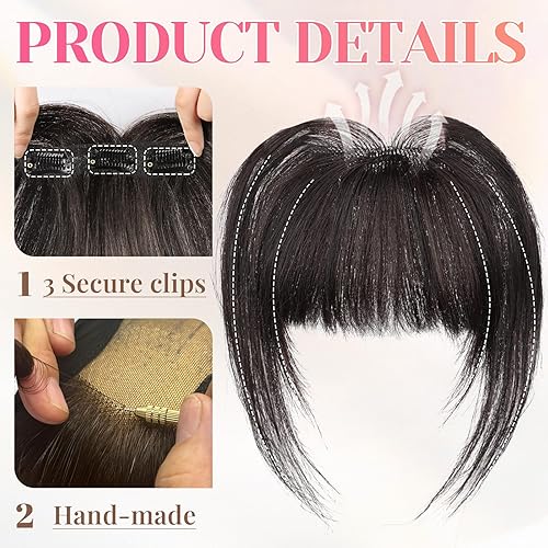 Miniatura 5 de KooKaStyle Flequillo de cabello con clip, 100% cabello humano real, extensiones de cabello con clip, 3 clips seguros en fleco francés, flequillo