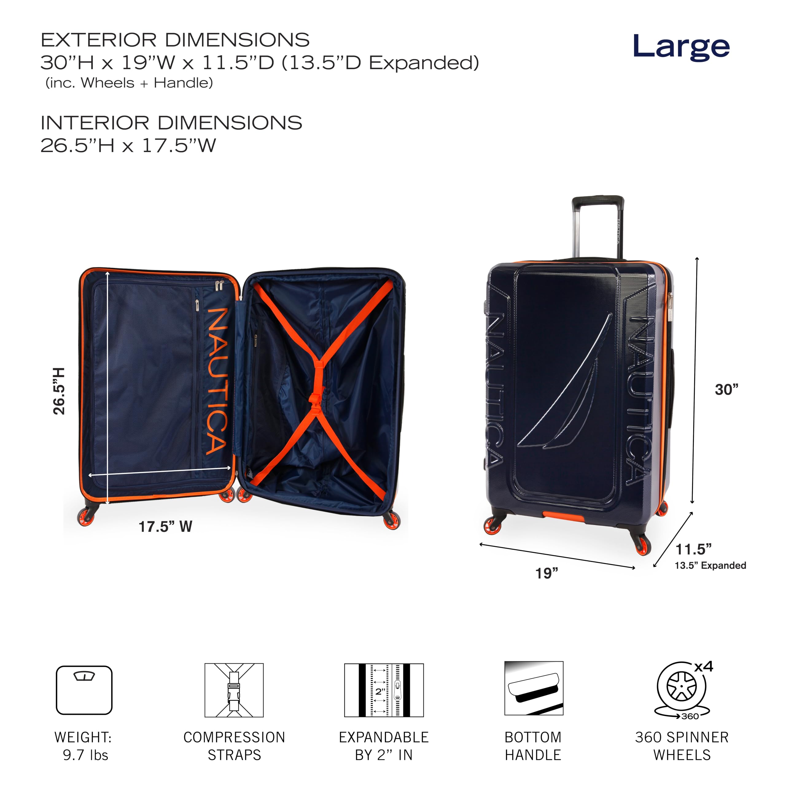 NAUTICA Bagaglio Hardside Spinner Betulla, blu navy/arancione., Checked-Large 29-Inch, Bagaglio Hardside Spinner Betulla