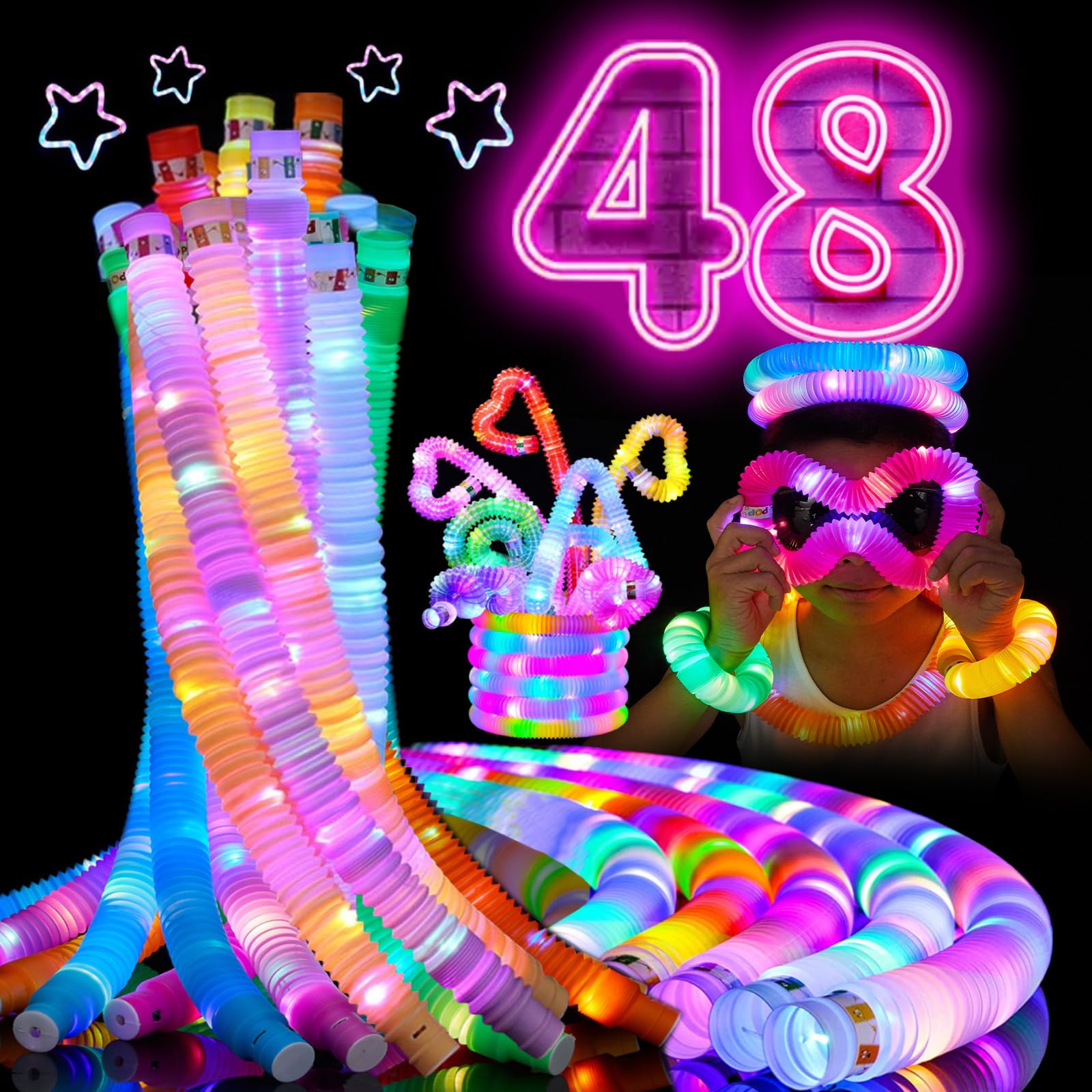 AIRNEY 48 PCS Glow in The Dark Party Supplies, Light Up LED Pop Tubes, Glow Sticks Sensory Toys Birthday Party Favors for Kids, Light Up Toys Goodie Bag Stuffers Gifts Prize