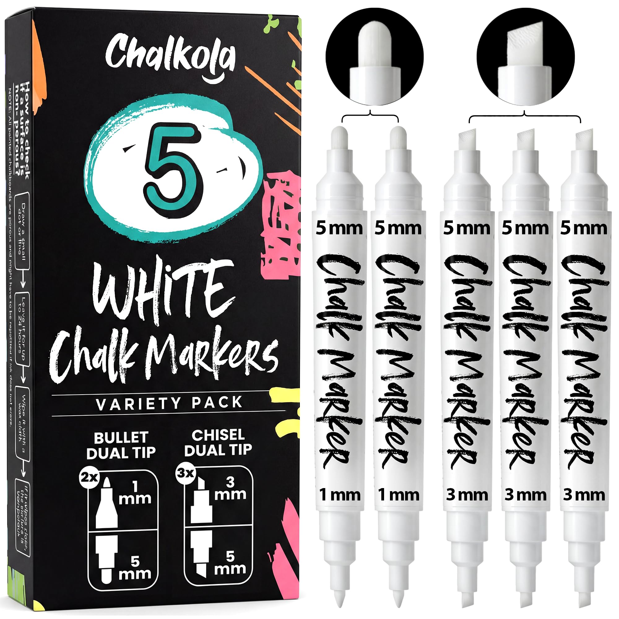 Chalkola 5 White Chalk Markers - Dual tip, Bullet & Chisel Tip (1mm, 3mm, 5mm) | Erasable Liquid Chalk Pens for Blackboard, Chalkboard Signs, Car Window, Bistro, Glass | Washable Chalkboard Markers