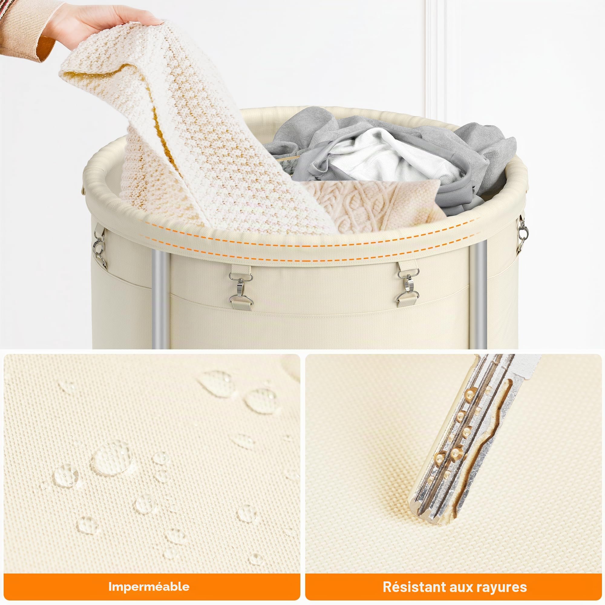 ELYKEN Panier à Linge avec Roulettes, Panier à Linge à Roulettes de 170 L, Chariot à Linge Rond avec Cadre en Acier et sac Amovible 4 Roulettes et 2 Freins, Sale pour Hôtel Maison, Crème
