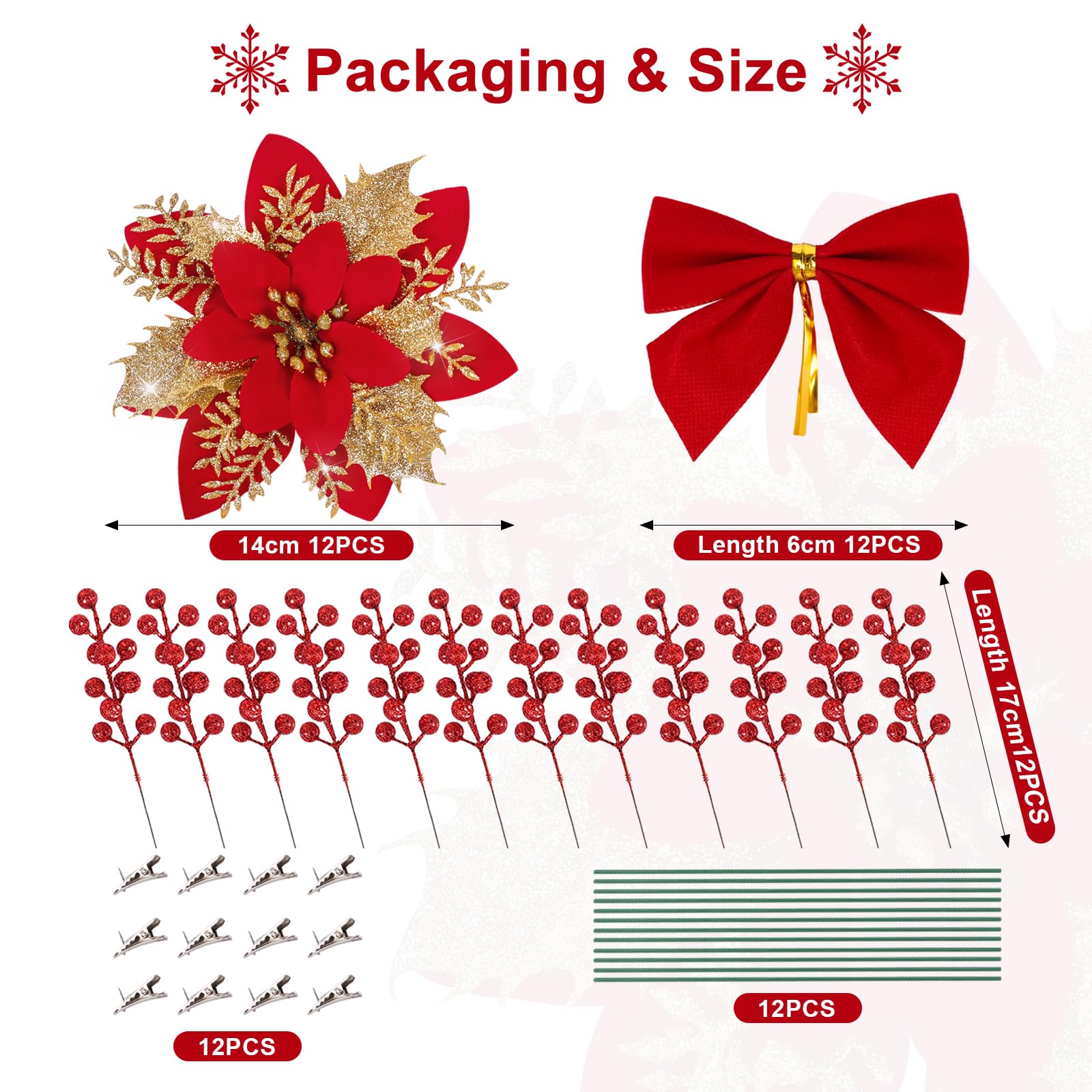 DEEMEI 12Sets Christmas Decorations Set Glitter Poinsettia with Clips Stems Berries Bows Ornaments for Xmas Tree Wreath Garland Gifts Decor (Red) - Image 2