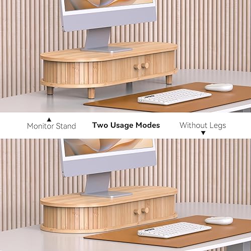 Miniatura 6 de Soporte de bambú para monitor con almacenamiento, soporte curvo para computadora portátil, organizador de estante de escritorio con puertas