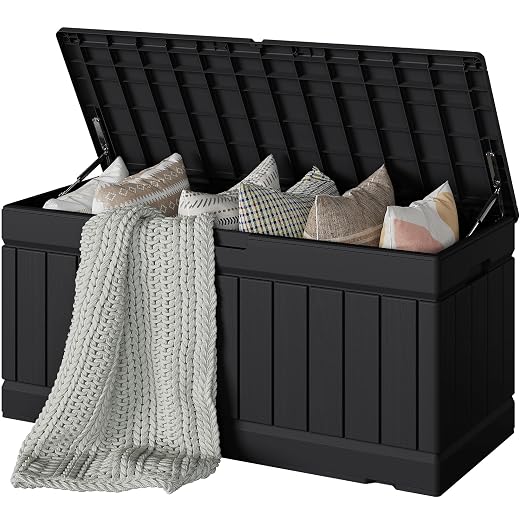 Devoko 78 Gallon Deck Box, Waterproof Resin Outdoor Storage Box for Outside and Patio, Outdoor Storage Bench Lockable for Patio Furniture, Garden Tools and Pool Supplies (Black, 78 Gallon)