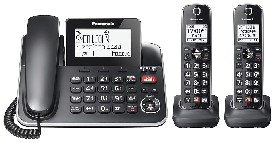 Panasonic DECT 6.0 2-in-1 Corded/Cordless Phone with Answering Machine, Advanced Call Block (1,000 numbers), and Talking Caller ID - 2 Cordless Handset - KX-TGF872CB (Black) - 2 Cordless Handsets - New Model (Telephone Only)