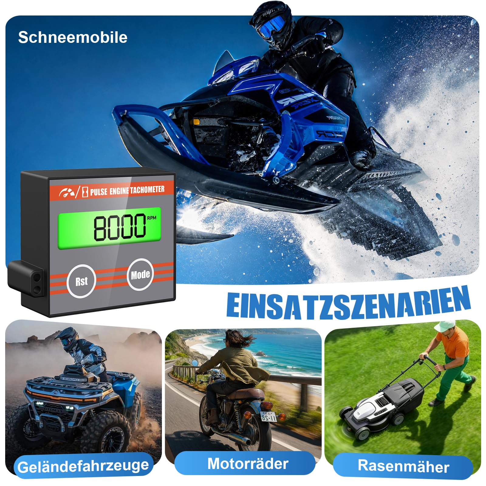 Drehzahlmesser, Drehzahlmesser Motorsäge mit ，Digitaler-Drehzahlmesser mit Hintergrundbeleuchtung，Für 2/4-Takt-Motoren ，Kettensägen, Rasenmäher, Motorräder und Benzinmotoren，mit Zeitmessfunktion