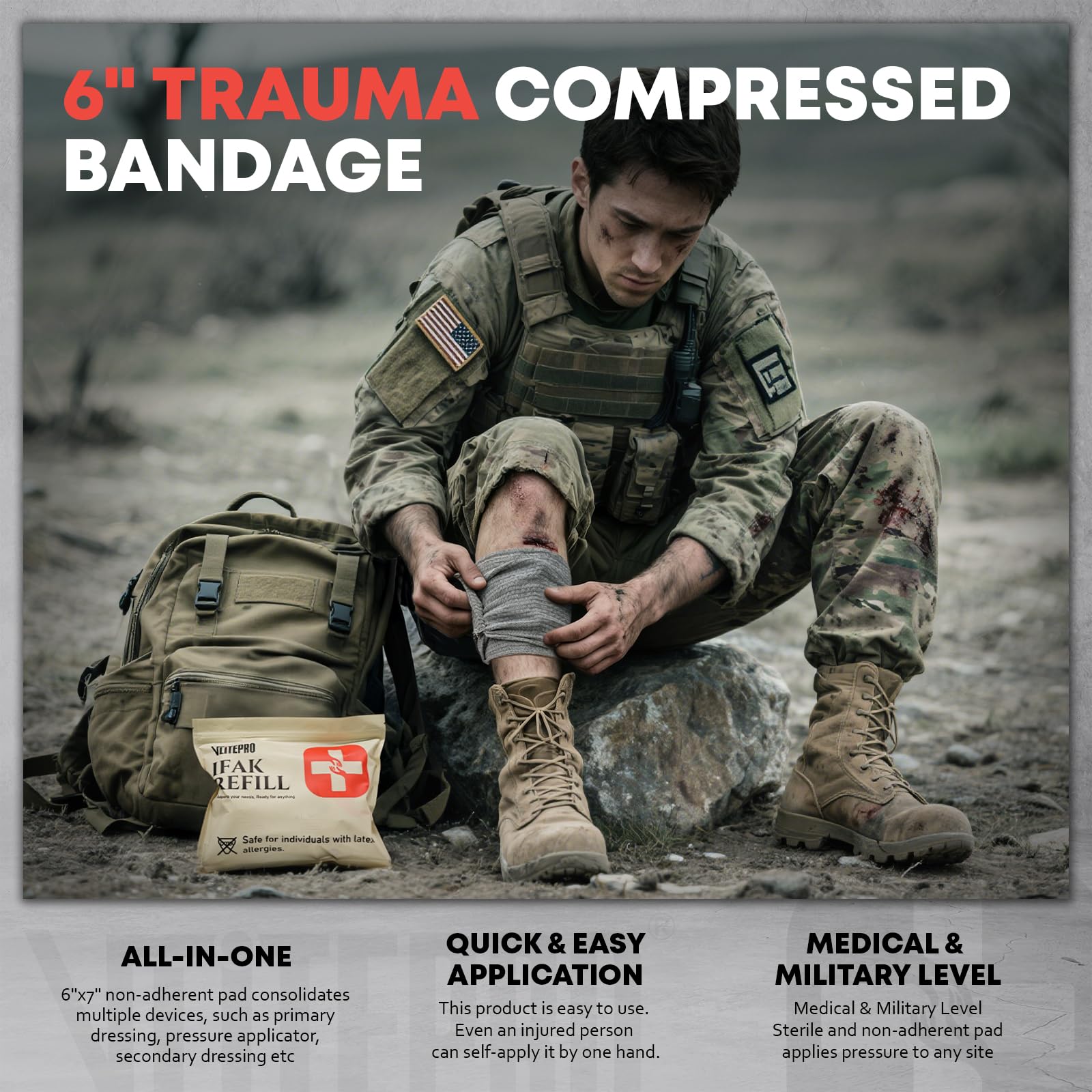 Benda di emergenza israeliana da 15,2 cm, medicazione sterile a compressione sigillata sottovuoto per ferite traumatiche, bendaggio medico di pressione per il controllo del sanguinamento, kit di primo