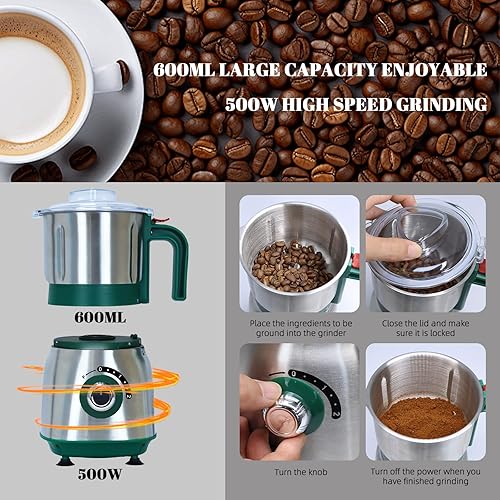 Miniatura 5 de Molinillo de cocina versátil  Molinillo eléctrico de 500 W  Muele especias, nueces, granos, café  3 cuchillas de acero inoxidable  Uso en seco