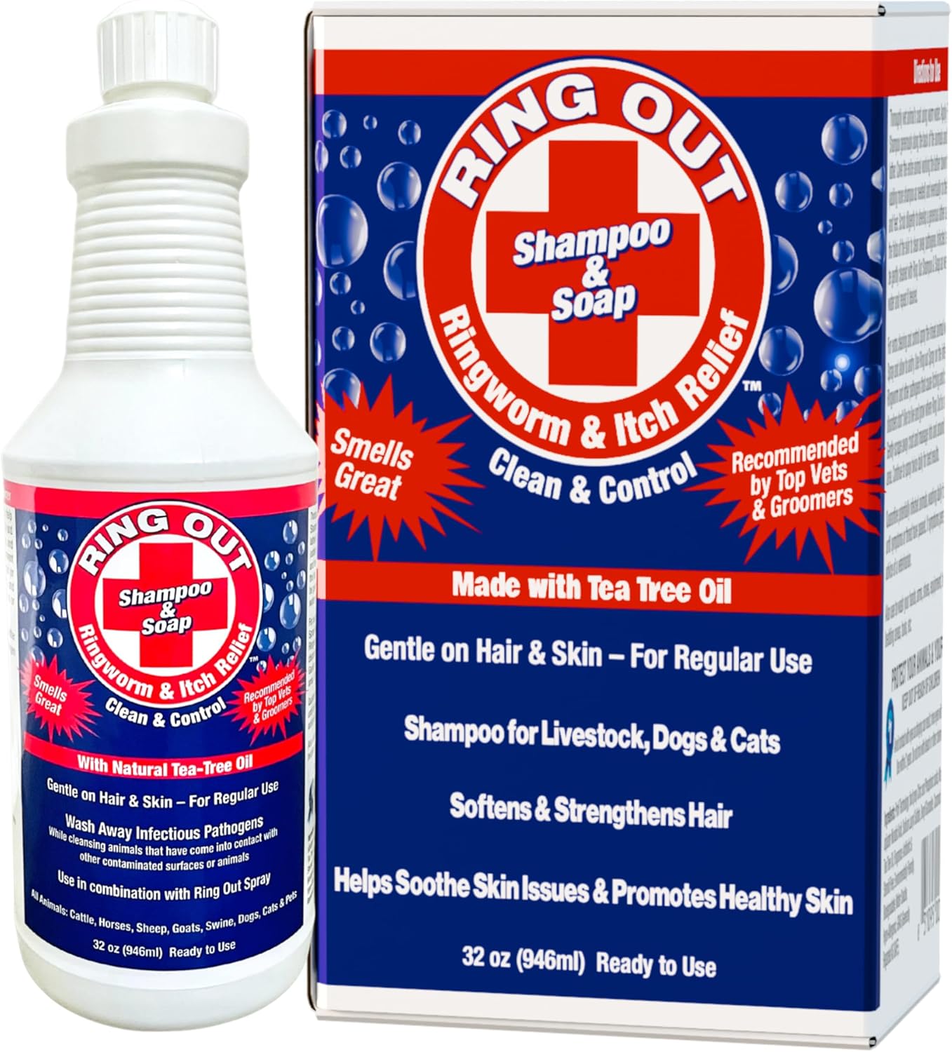 Ring Out Shampoo and Soap 32 oz – Low SUDSING Pet, Dog, Show Livestock Shampoo w/Tea Tree Essential Oil Strengthens & Promotes Health of Hair While Reducing Hair Loss & Scarring Caused by Ringworm