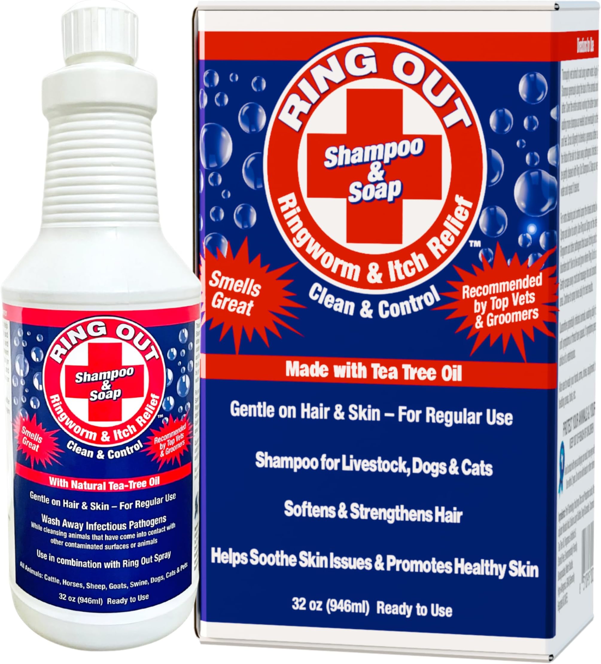 Ring Out Shampoo and Soap 32 oz - Low SUDSING Pet, Dog, Show Livestock Shampoo w/Tea Tree Essential Oil Strengthens & Promotes Health of Hair While Reducing Hair Loss & Scarring Caused by Ringworm