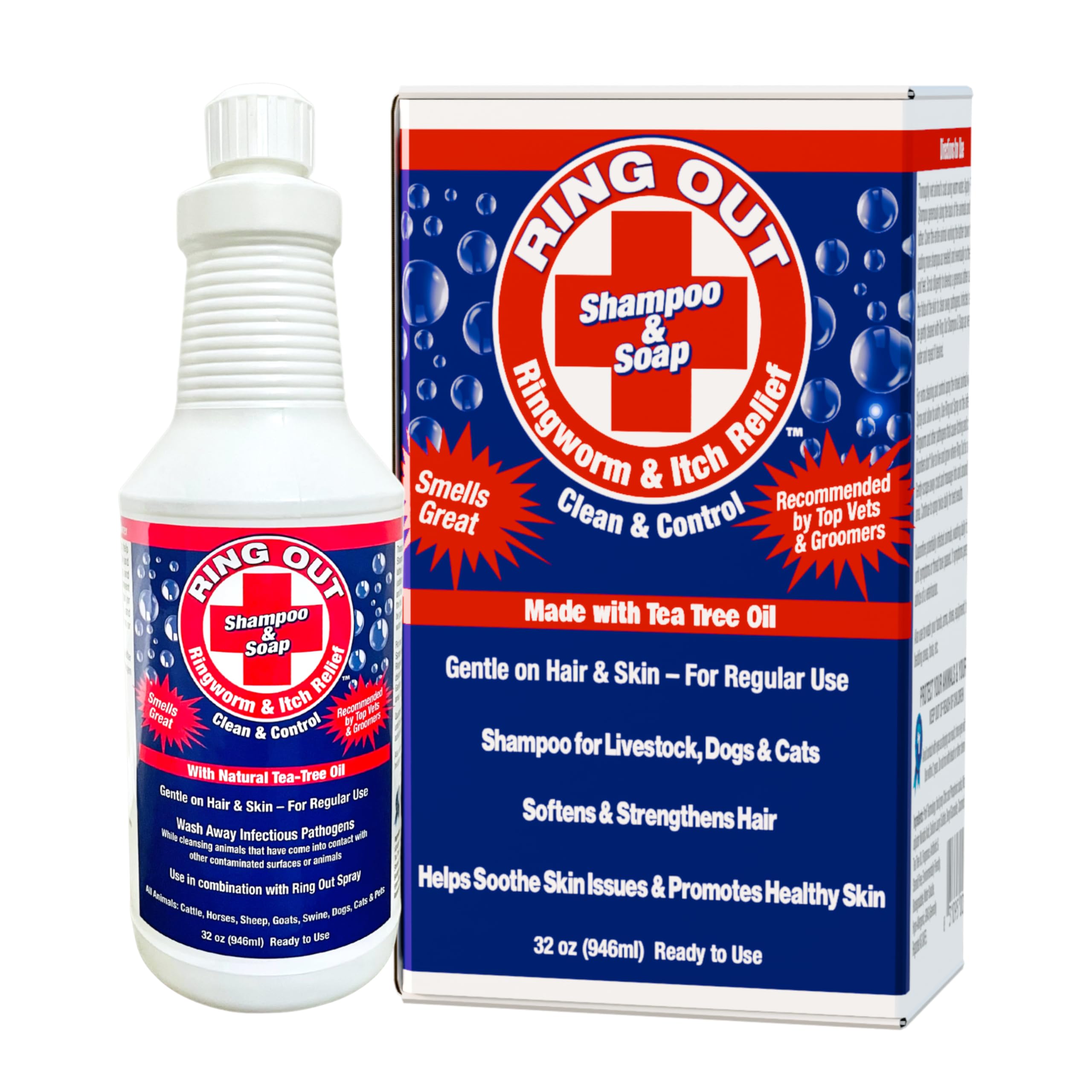 Ring Out Shampoo and Soap 32 oz - Low SUDSING Pet, Dog, Show Livestock Shampoo w/Tea Tree Essential Oil Strengthens & Promotes Health of Hair While Reducing Hair Loss & Scarring Caused by Ringworm